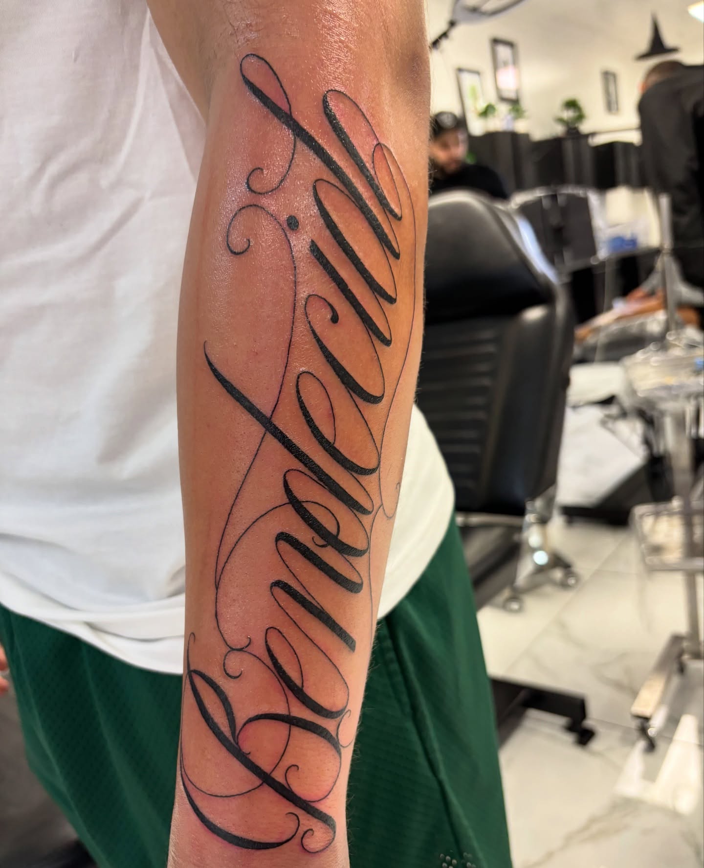 Script lettering lettering script tattoo on the forearm by Cristiano Ochoa, Elk Grove, California