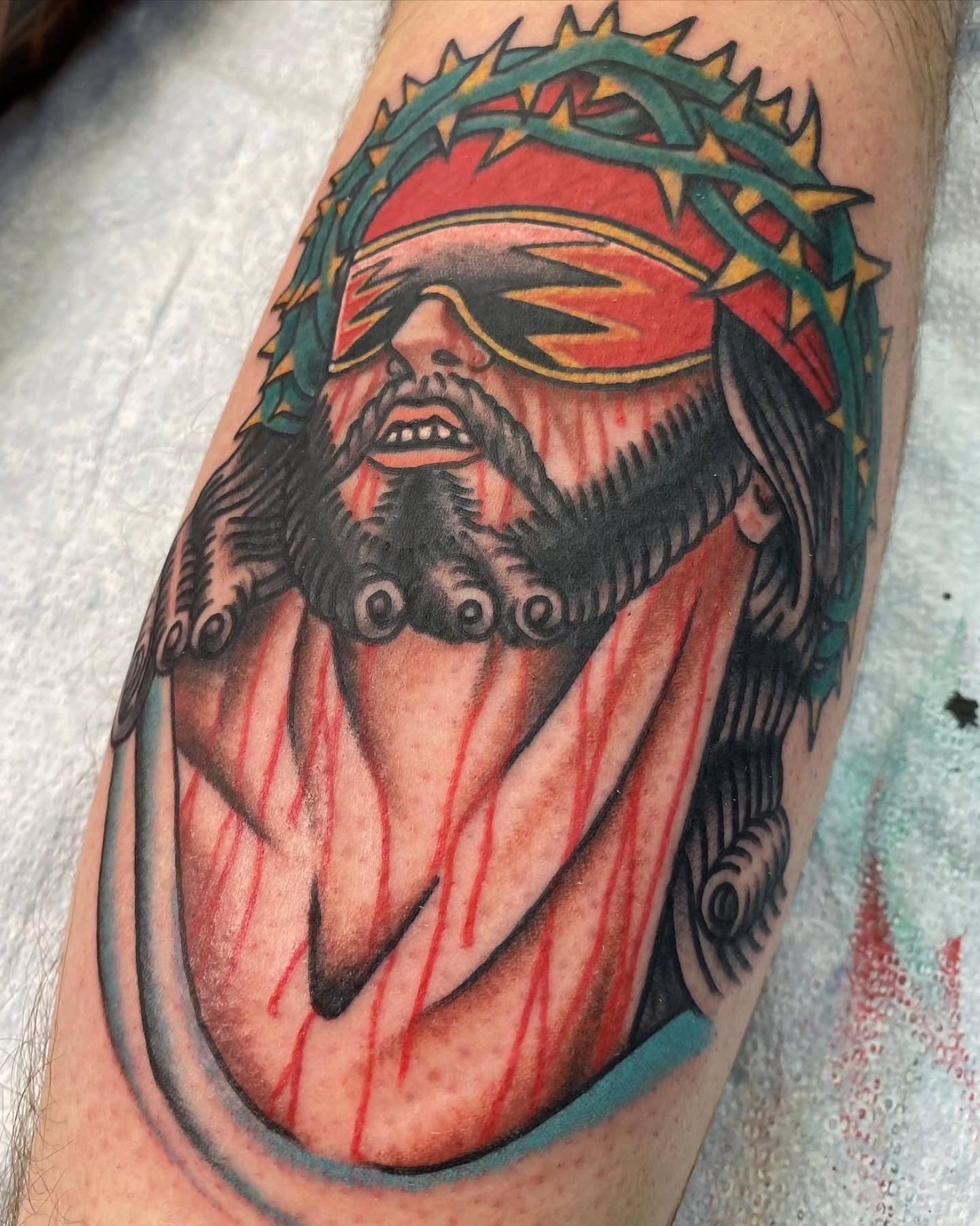 Jesus Christ American traditional tattoo on the forearm by Austin Liebst, Wichita, Kansas