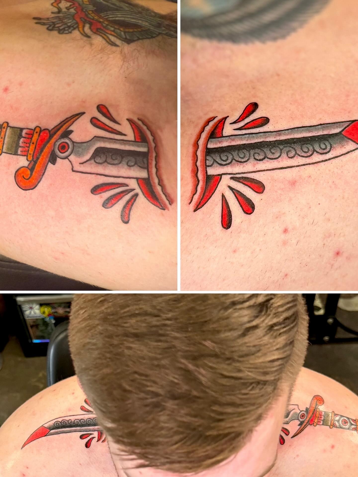 Sword American traditional tattoo on the upper arm by Seth Walker