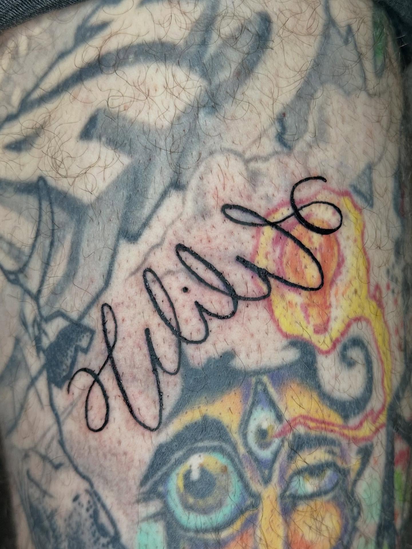 Script lettering lettering script tattoo on the forearm by Jadelin, San Francisco, California
