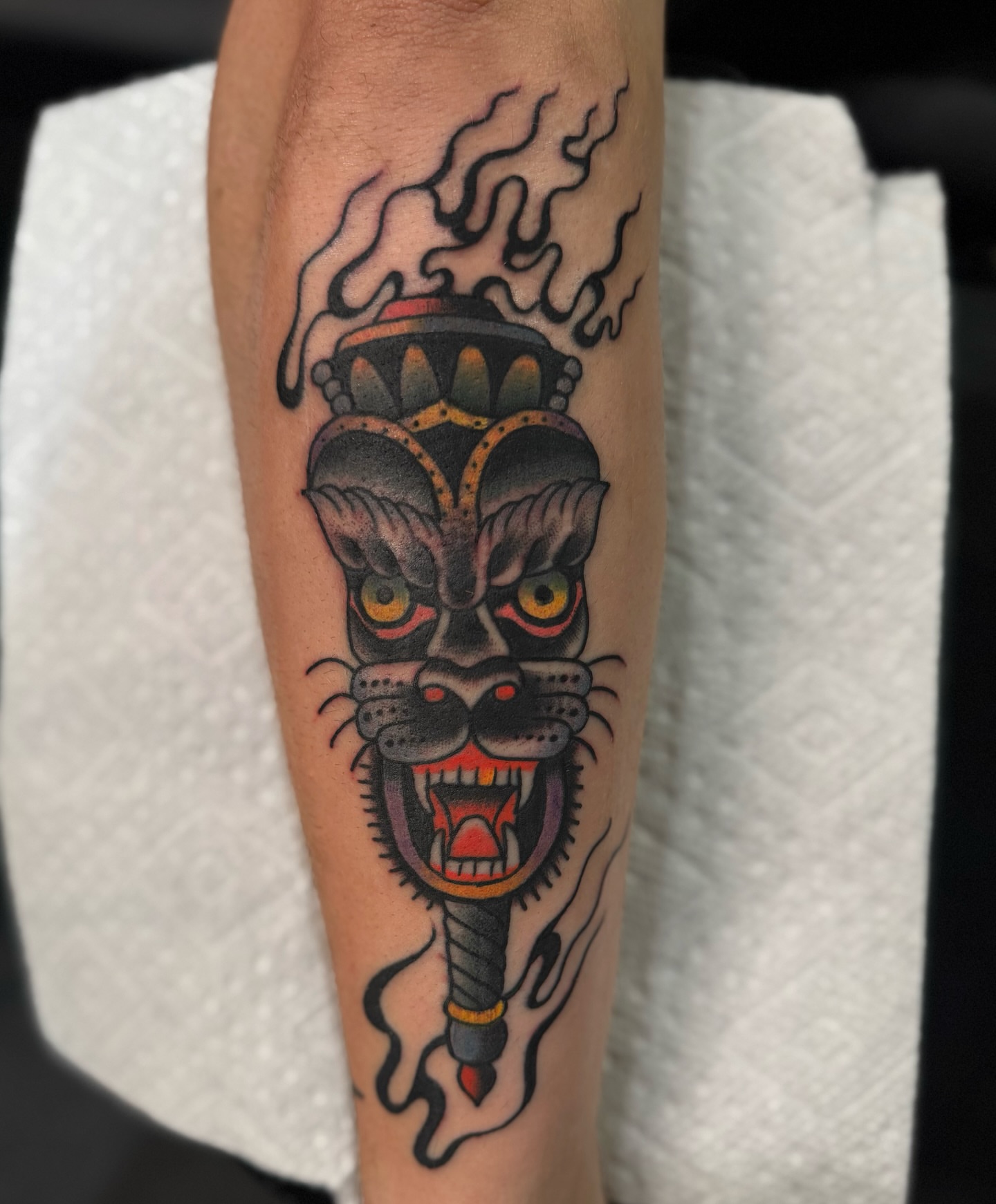 Panther head American traditional tattoo on the forearm by Joe tatum ~Tattoo~
