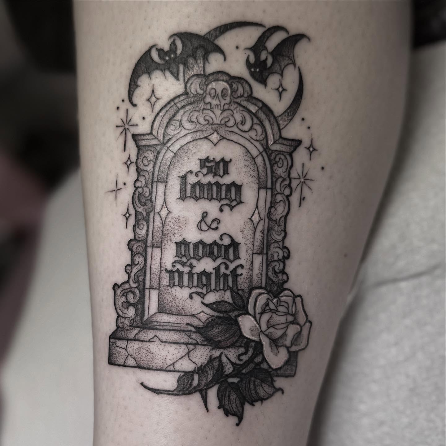 Graveyard tombstone dotwork tattoo on the forearm by Cincinnati