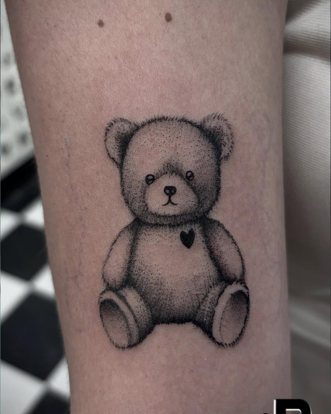 Teddy bear dotwork tattoo on the forearm by Ricky Salinas Jr. π€, San Antonio, Texas