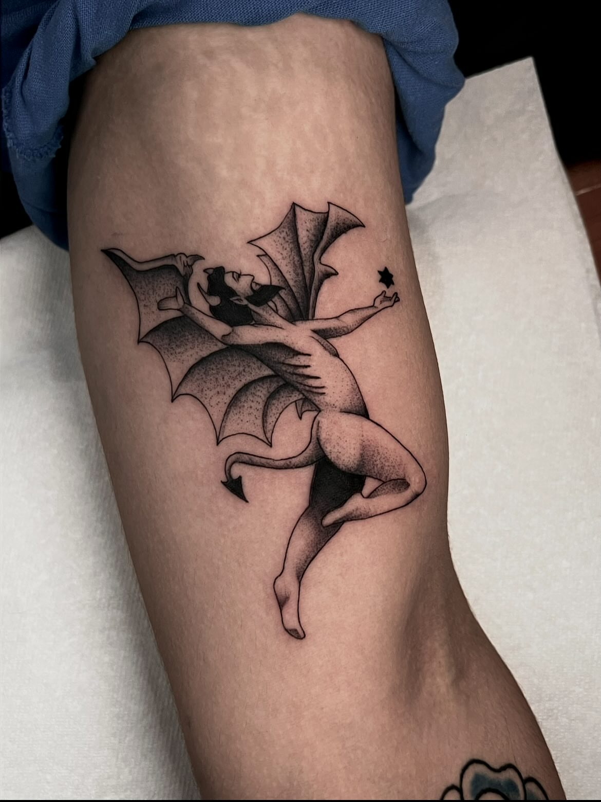 Bat and woman dotwork tattoo on the forearm by 𝙻𝚒𝚊 𝙹𝚎𝚙𝚙𝚎𝚜𝚎𝚗