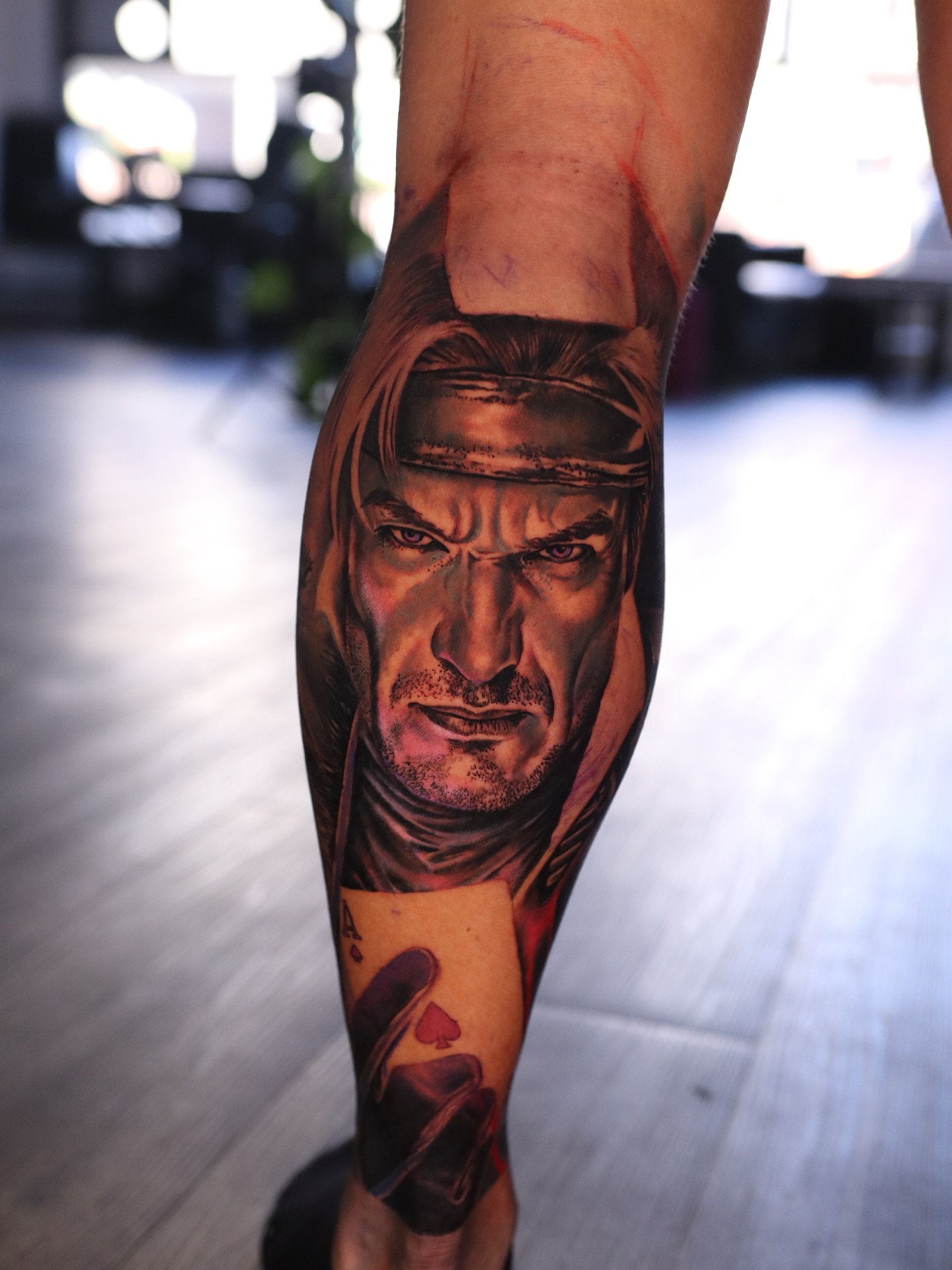 Portrait realism tattoo on the calf by Naomi Burke, New Westminster, British Columbia