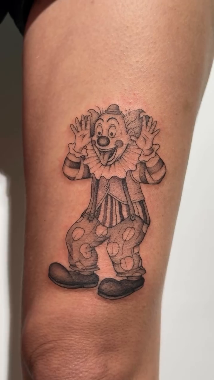 Clown realism tattoo by Jasmine, Lynnwood, Washington