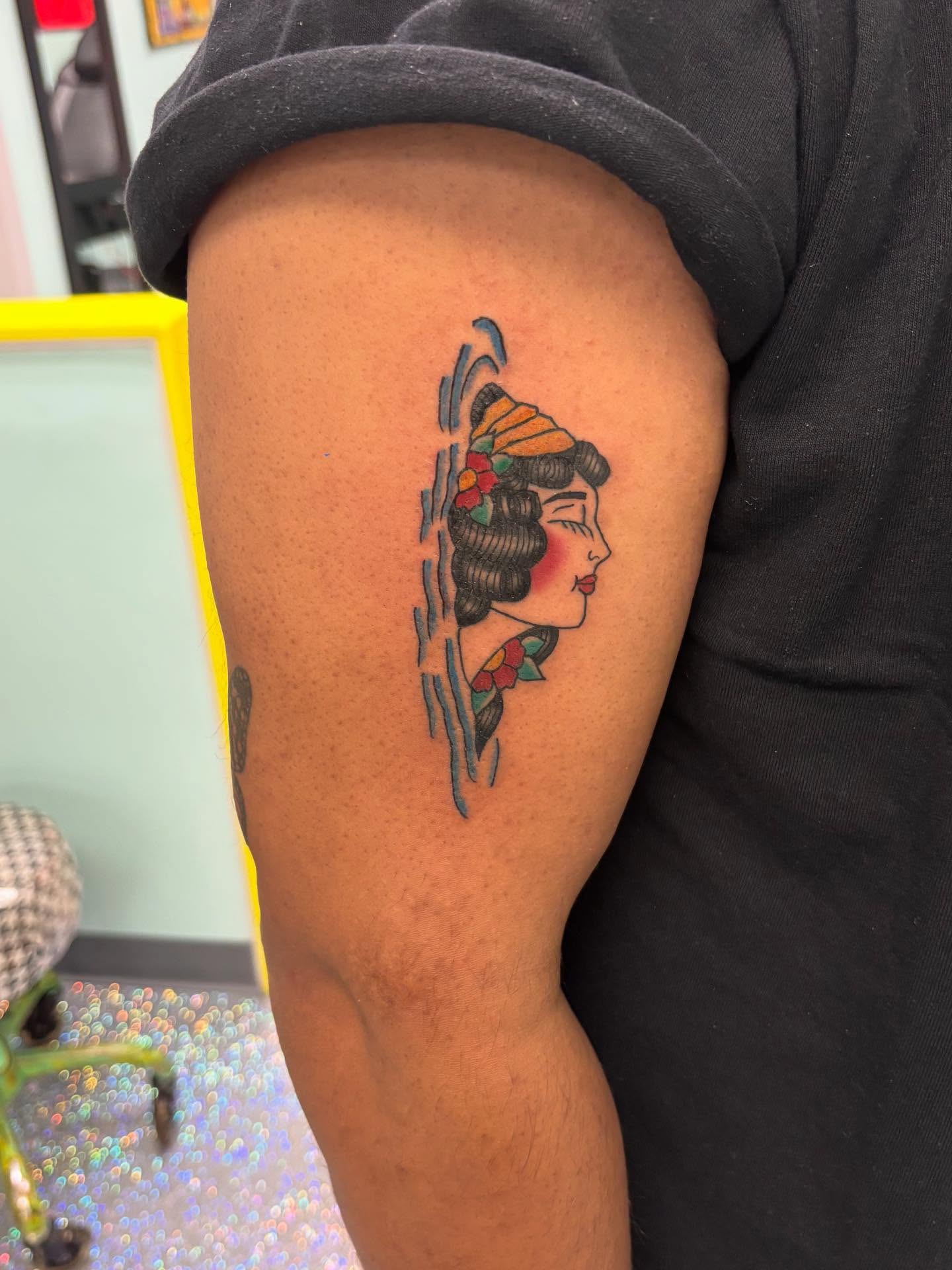 Geisha American traditional tattoo on the forearm by Nyah Ramirez