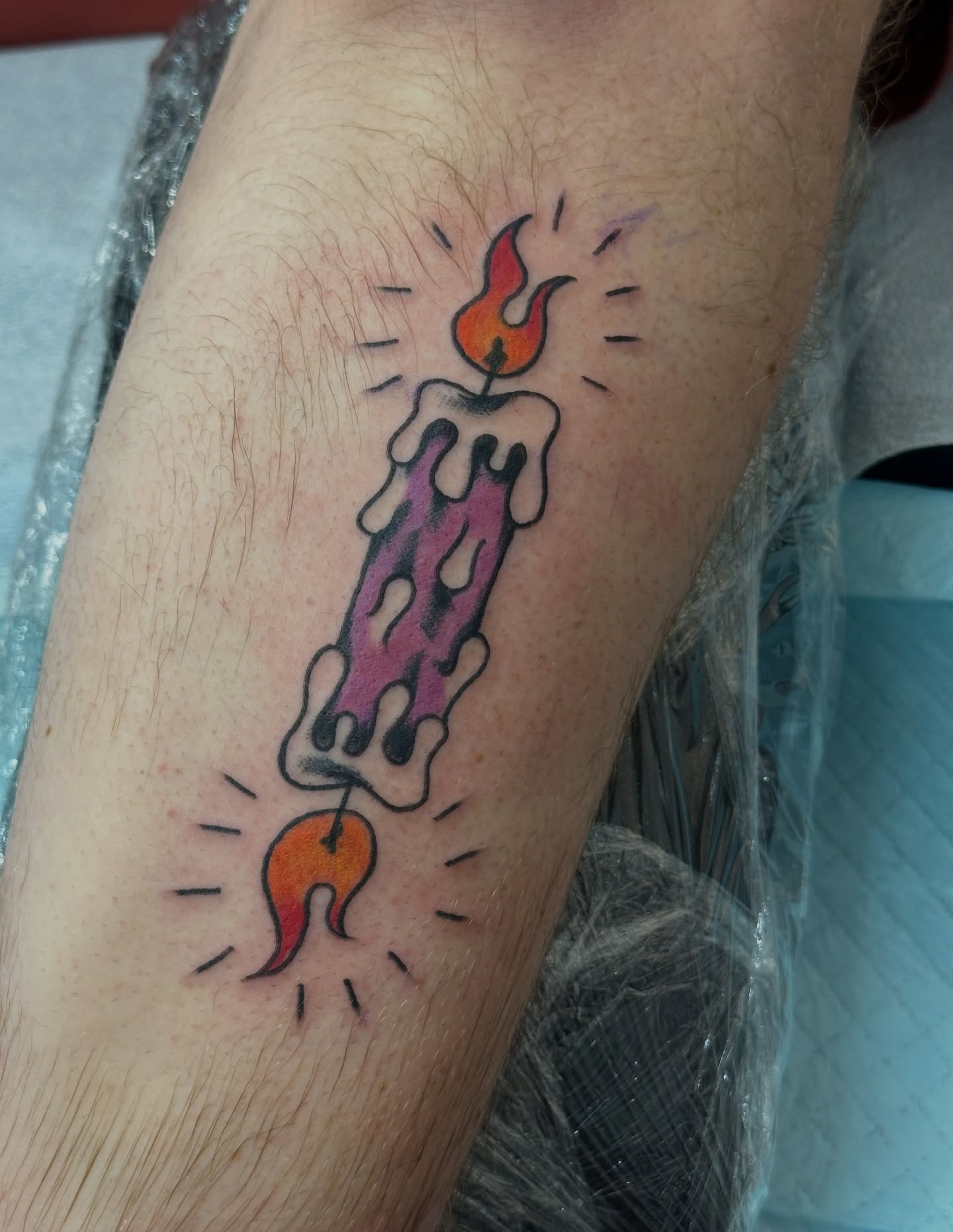Candle American traditional tattoo on the forearm by julian solis, Houston, Texas