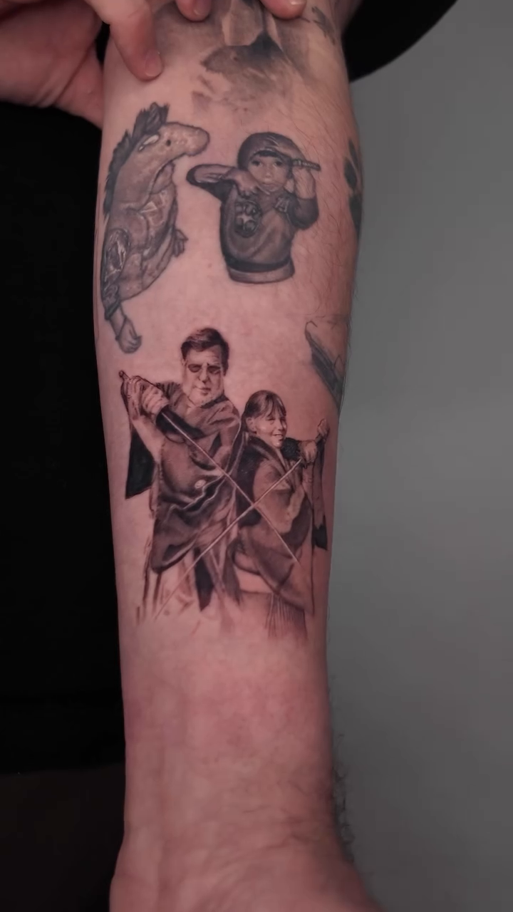 Three figures in historical attire realism tattoo by Gabriel