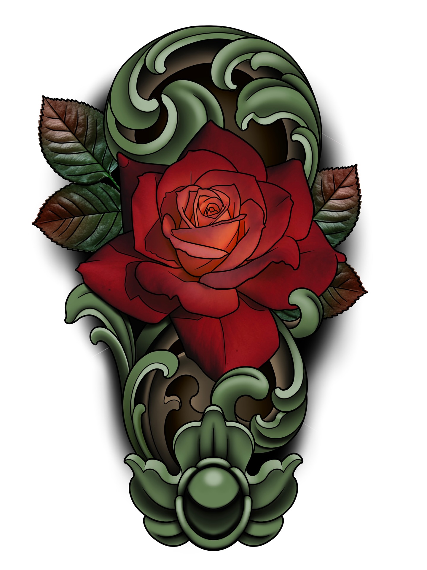 Red rose American traditional tattoo on the forearm by Joshua Orville Vaughn, Kansas City, Missouri