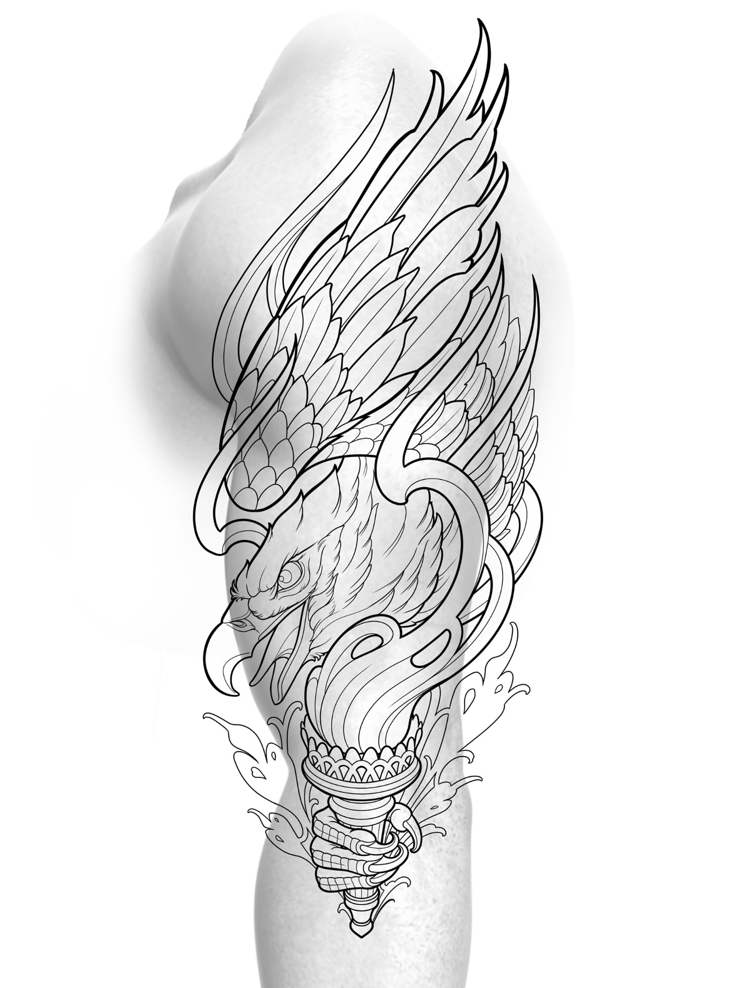Phoenix black and grey tattoo on the upper arm by Joshua Orville Vaughn, Kansas City, Missouri