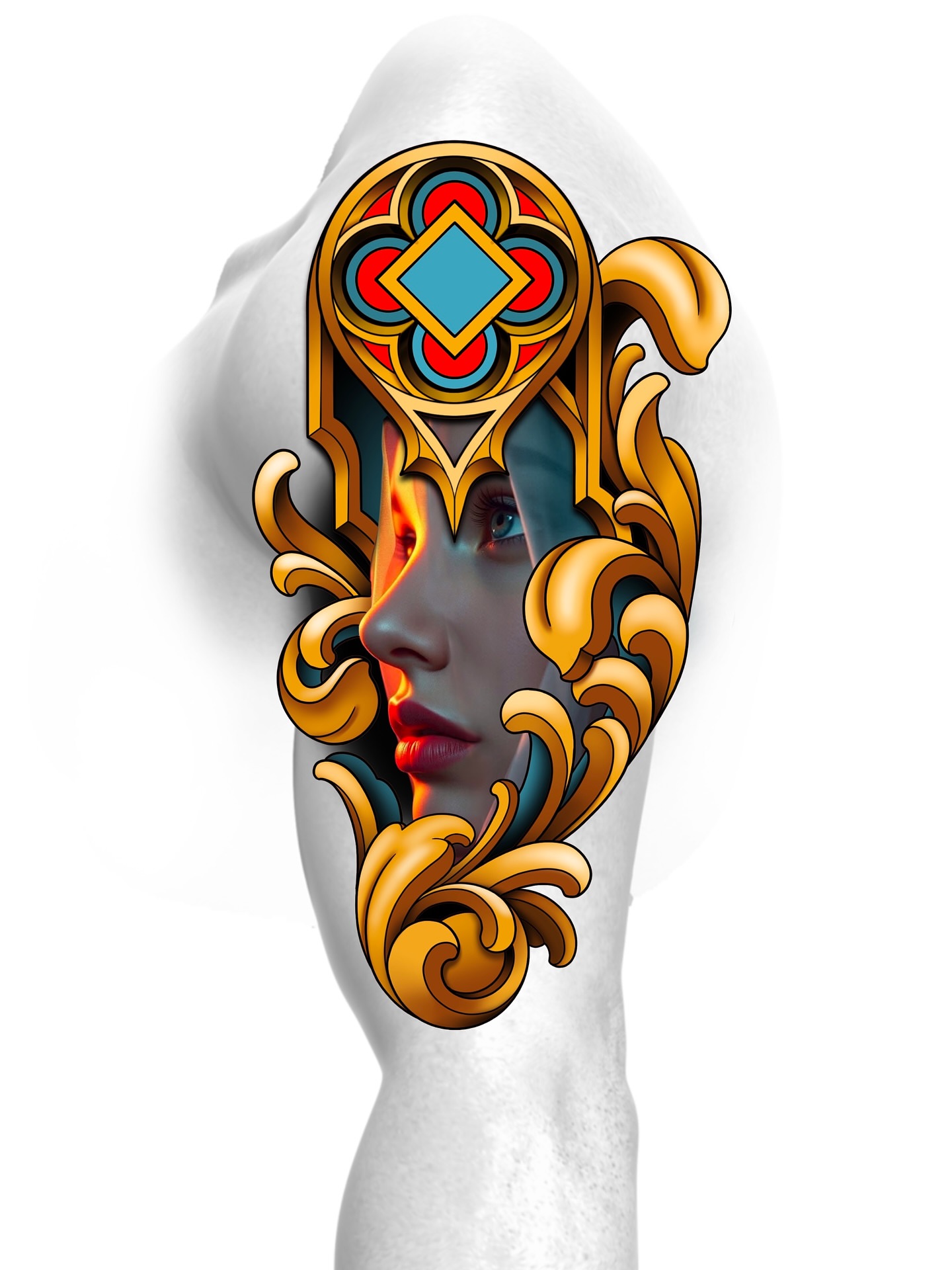Woman's face geometric tattoo on the forearm by Joshua Orville Vaughn, Kansas City, Missouri