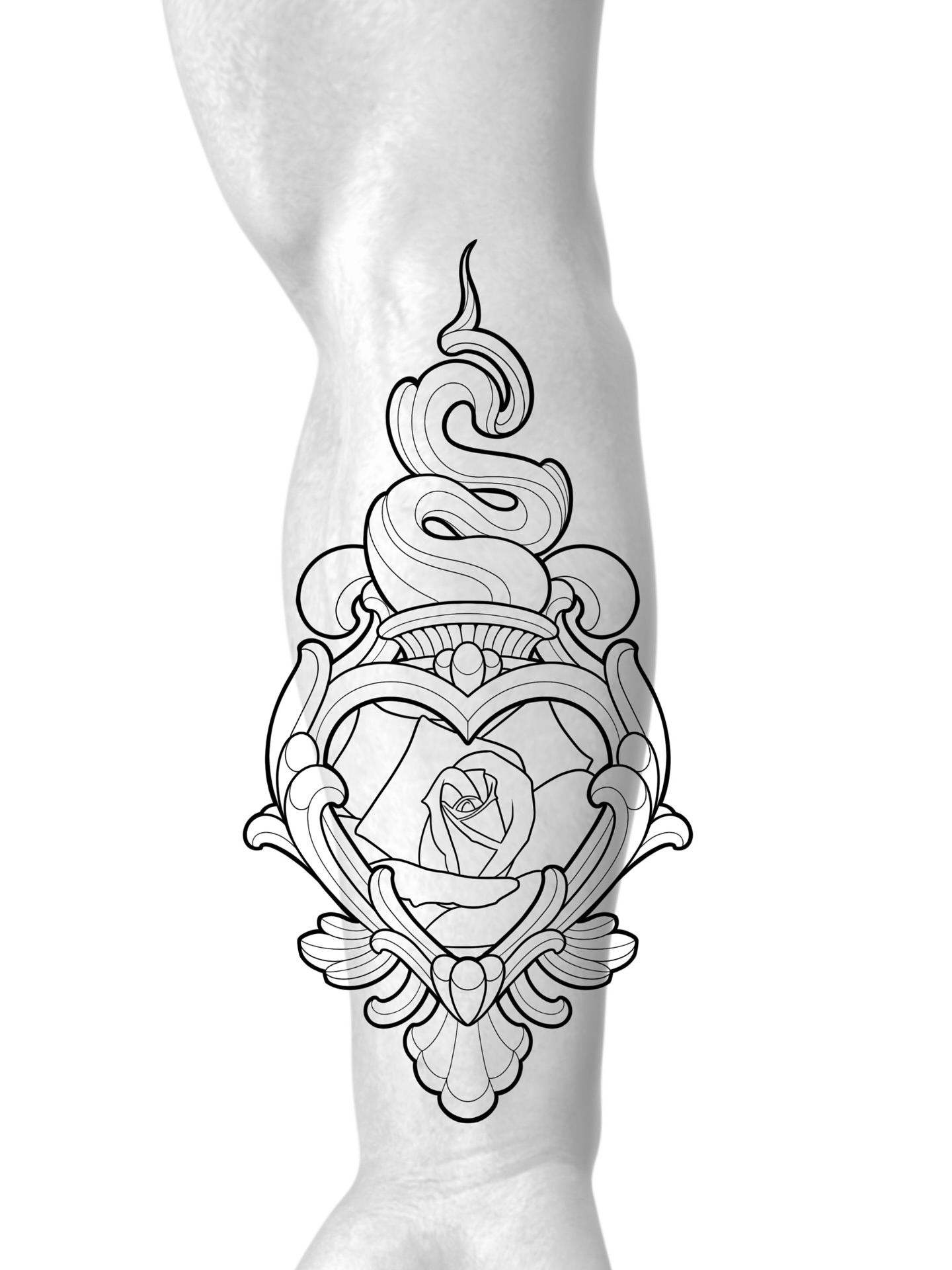Rose and ornate frame ornamental tattoo on the forearm by Joshua Orville Vaughn, Kansas City, Missouri