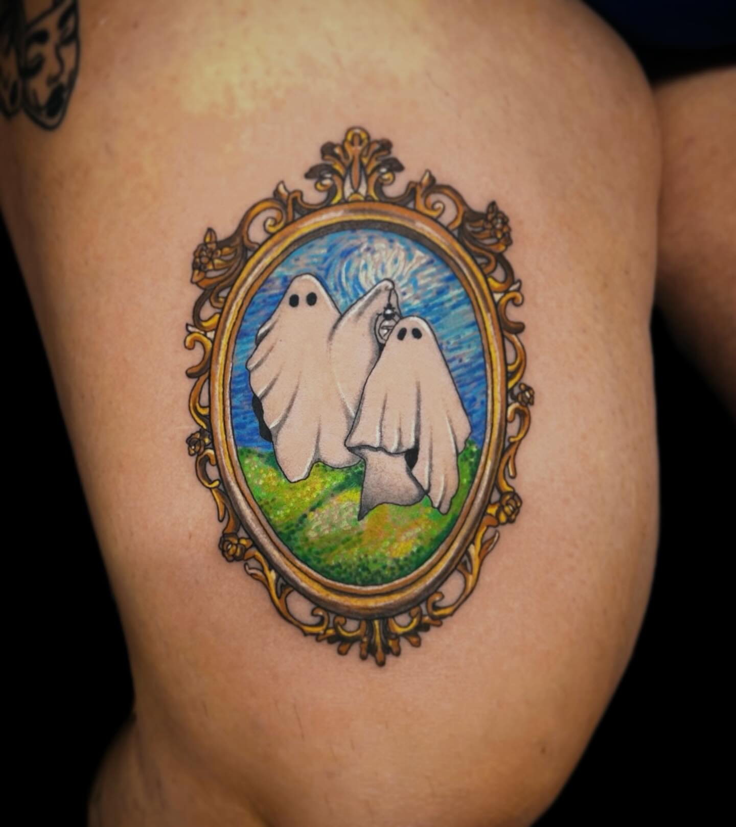 Ghosts in a frame illustrative tattoo on the thigh by โงโ โฑ โพ ๐ณ๐๐๐๐๐ โฆ โฑ โโง