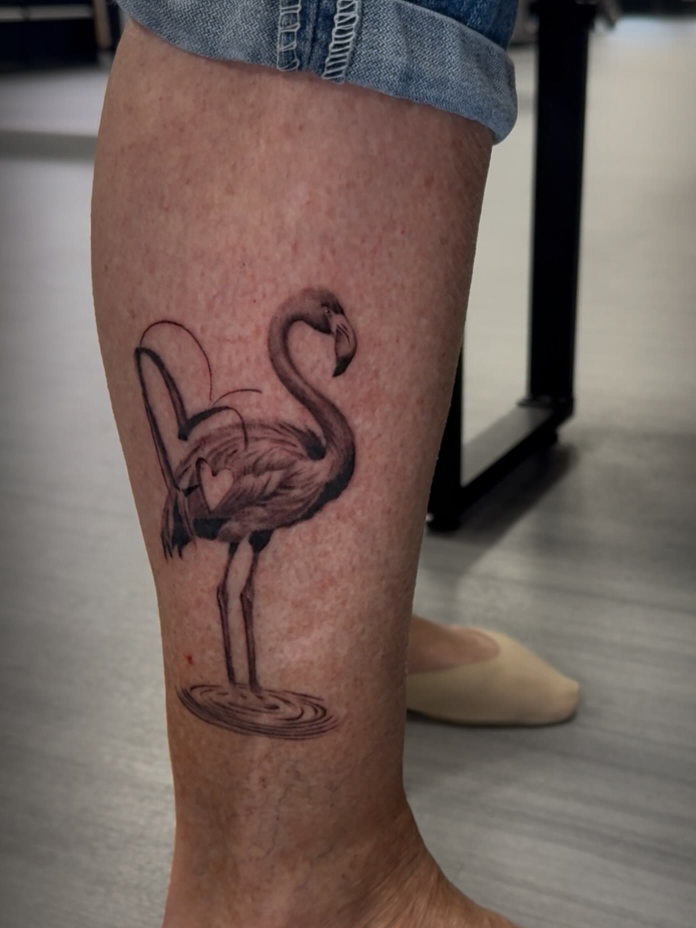Flamingo realism tattoo on the calf by Amanda Lineweaver