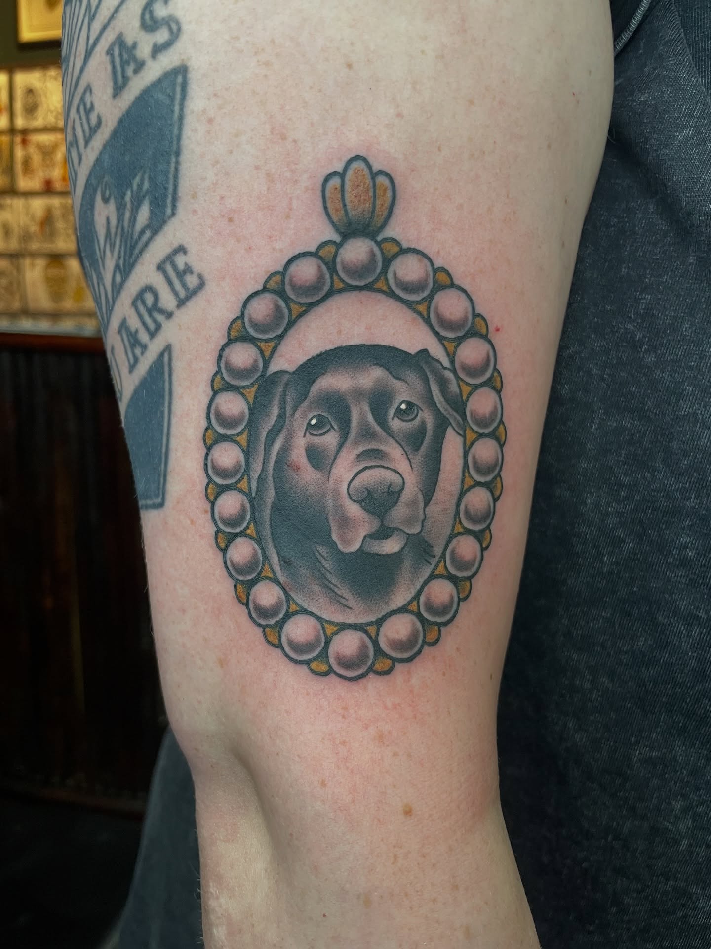 Dog portrait realism tattoo on the forearm by Tom Taylor, Philadelphia, Pennsylvania