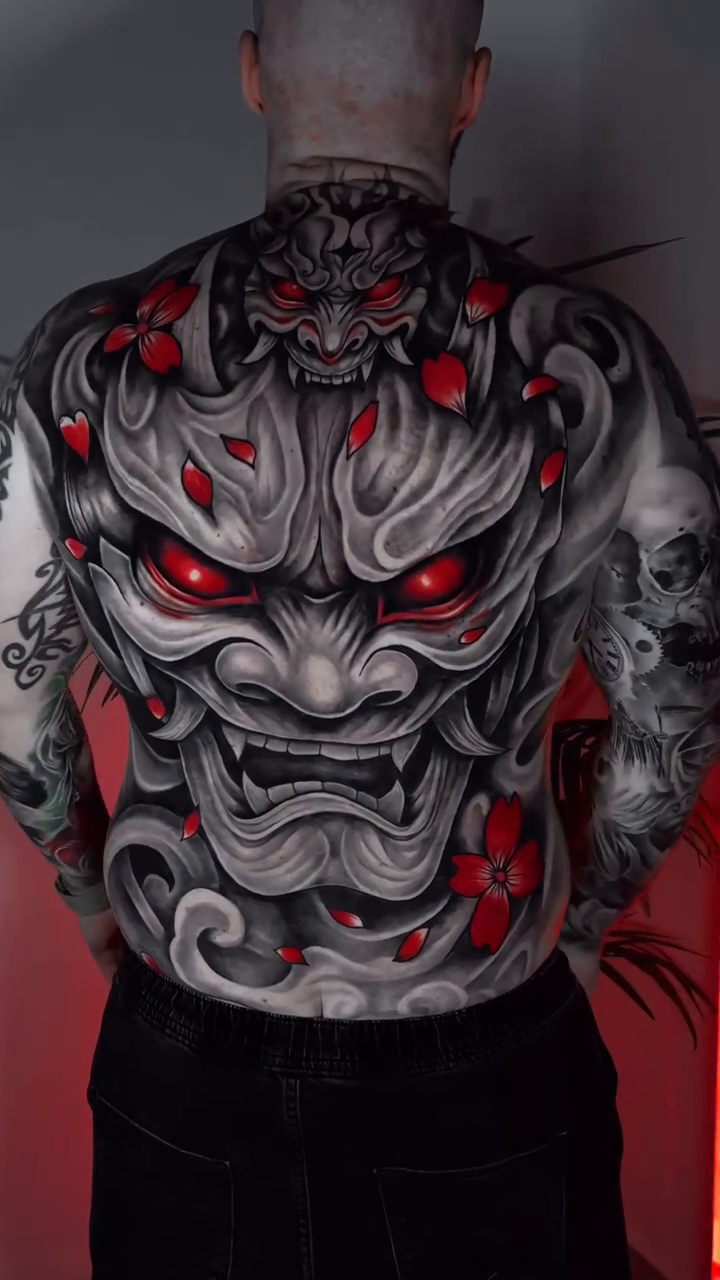 Hannya mask full back tattoo Japanese tattoo on the torso by Kaly, Manhattan, NYC