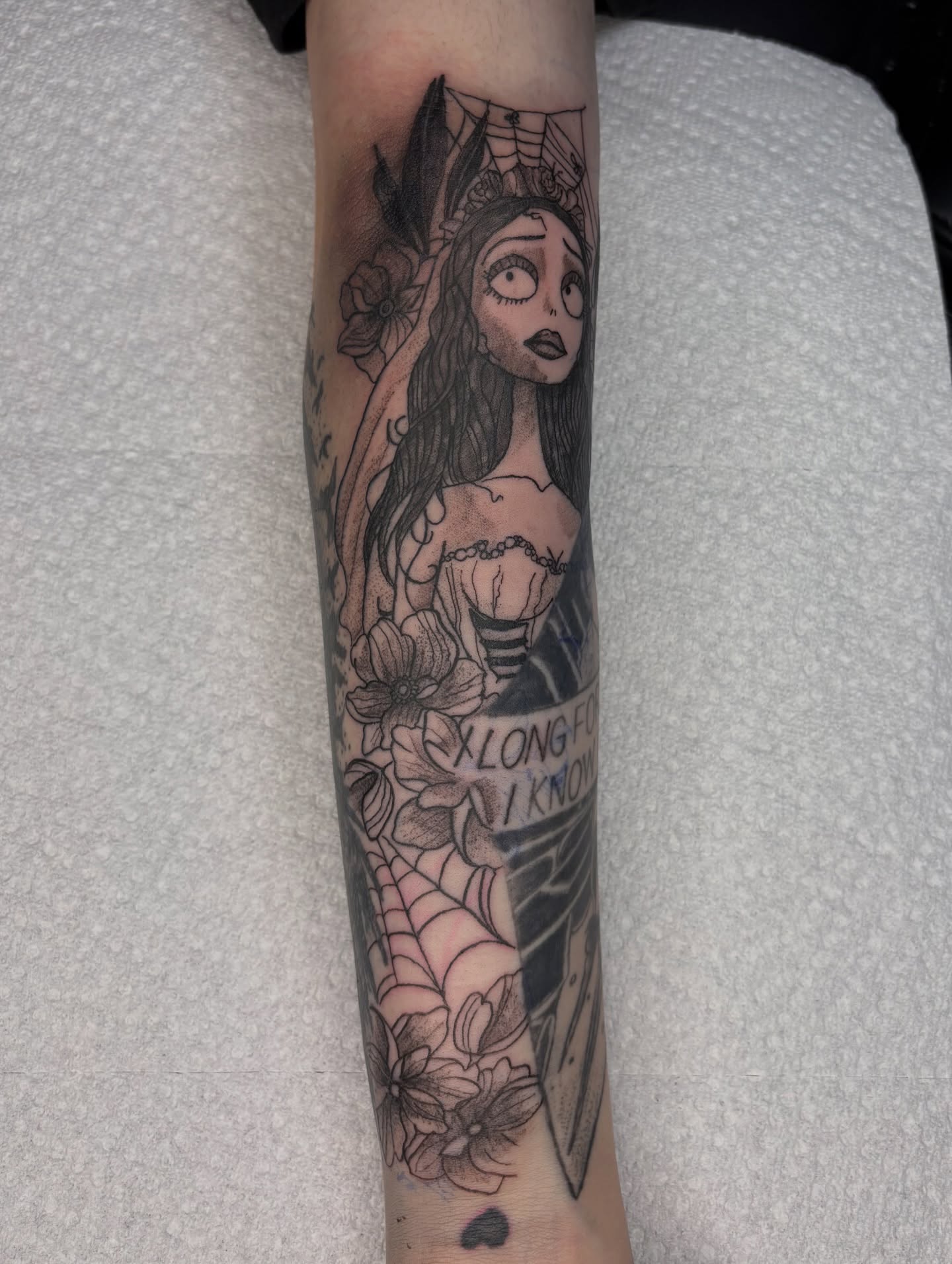 Corpse Bride realism tattoo on the forearm by Evan Chastain