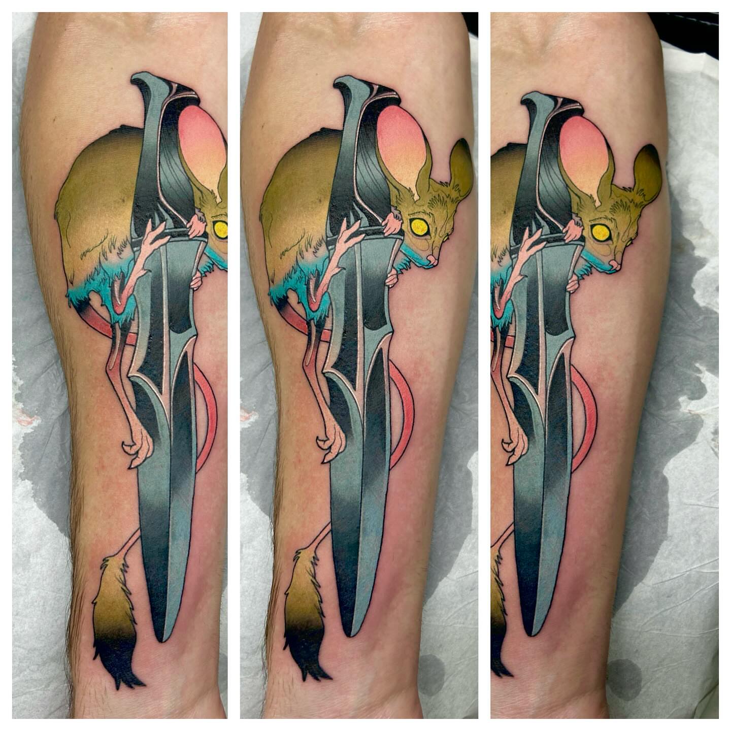 Bat and dagger illustrative tattoo on the forearm by Steve Hooker
