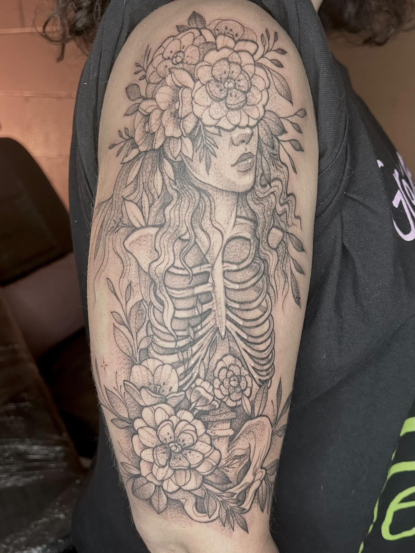 Tattoo by @lovelytattooing — dotwork, black_and_grey