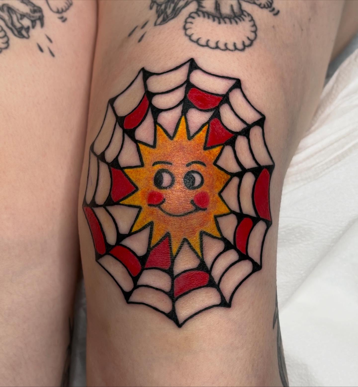 Sun American traditional tattoo on the forearm by ☻︎ Cyd Precious ☹︎