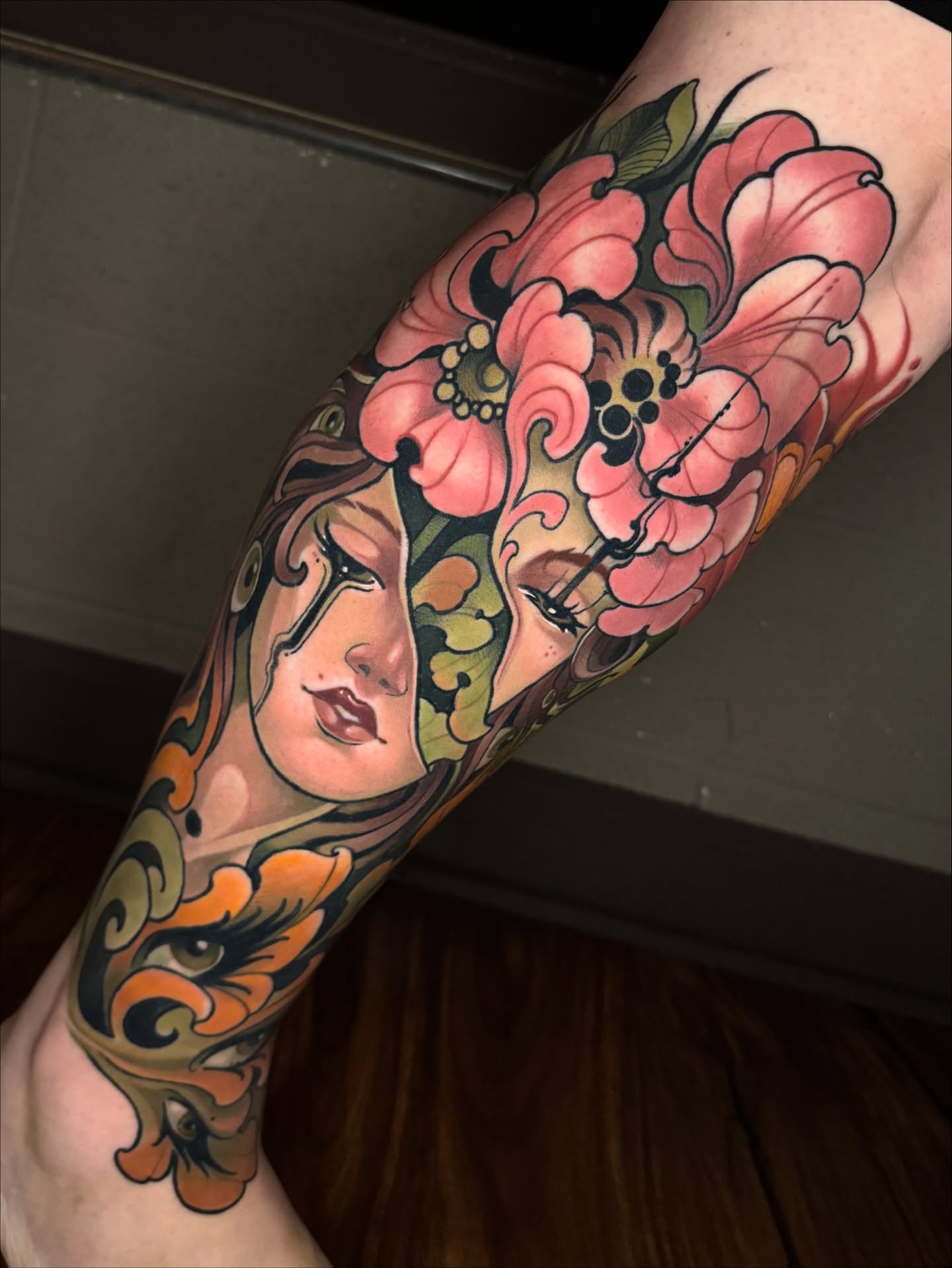 Floral portrait japanese irezumi tattoo on the forearm by Freddie Brown, Lombard, IL