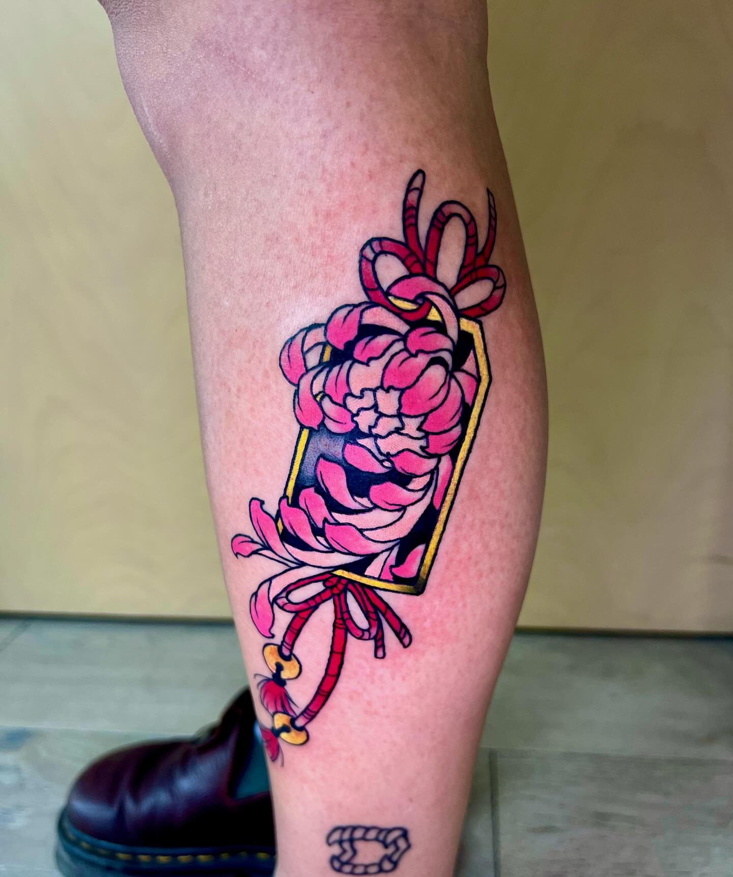 Peony new school tattoo on the calf by Ashley Fino, Las Vegas, Nevada