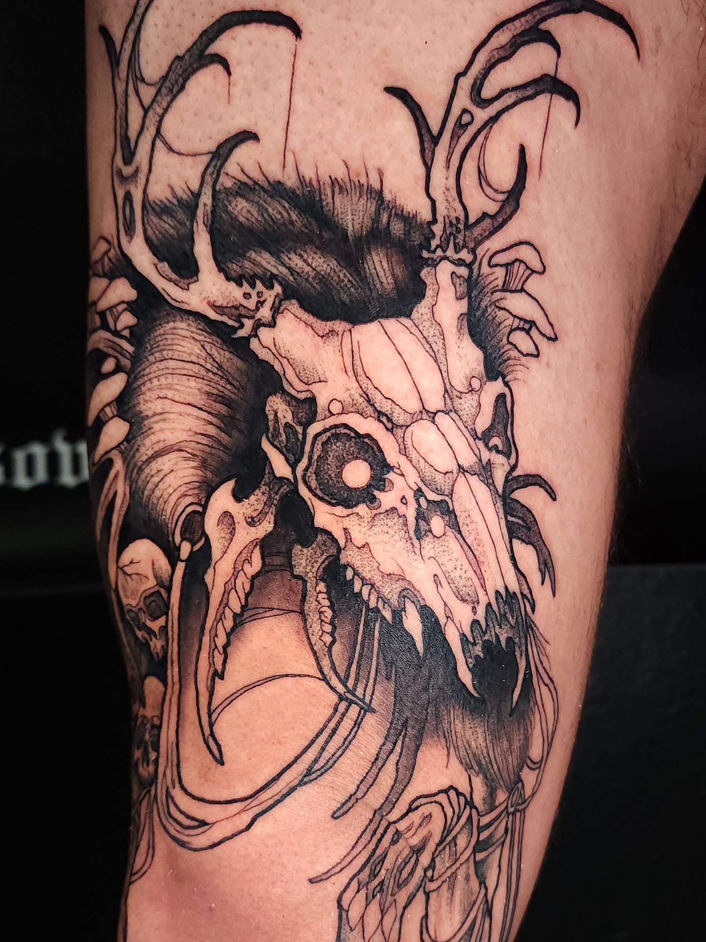 Deer skull dark realism tattoo on the forearm by Mario Romero
