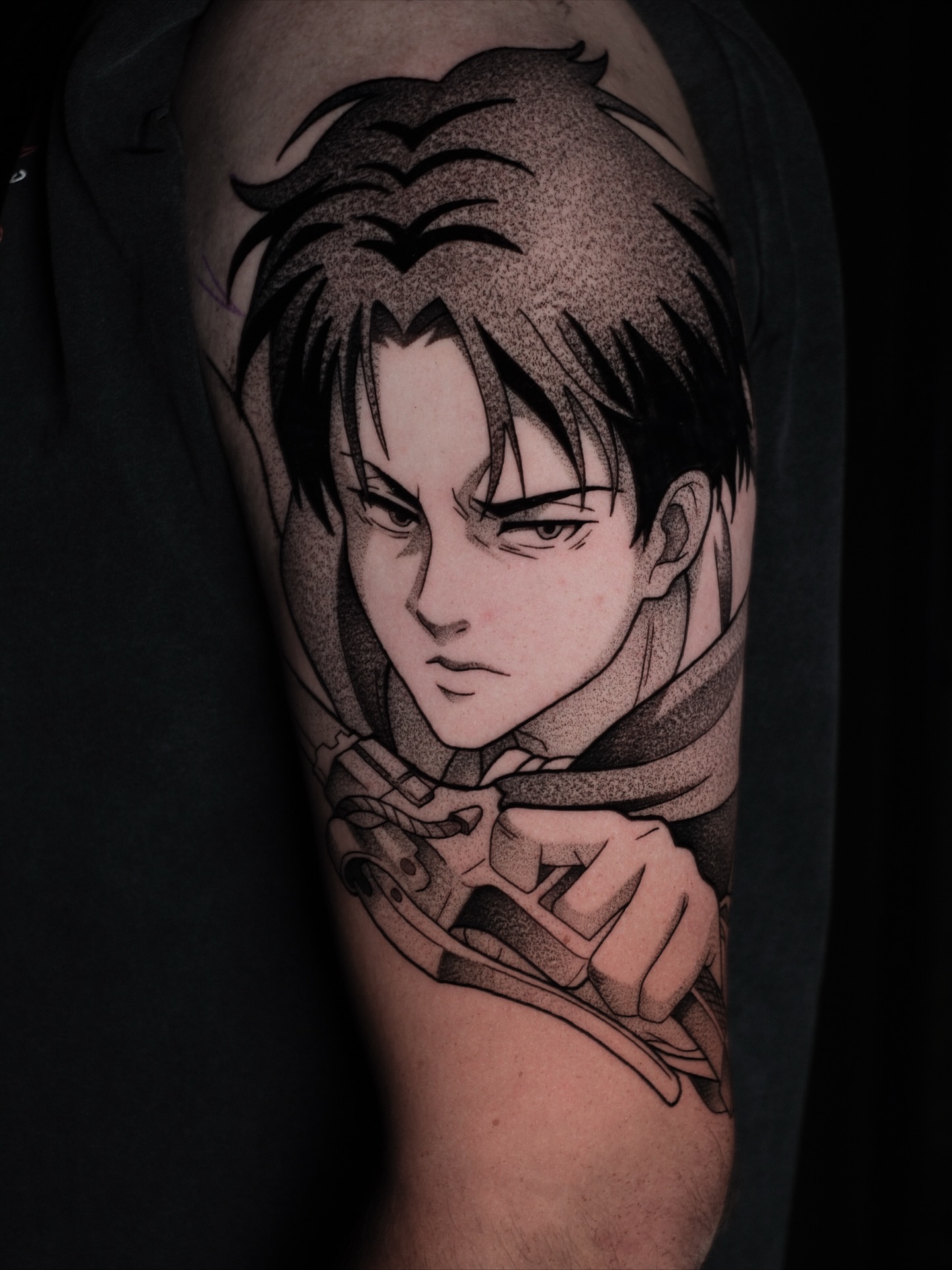 Tattoo by @yakir.tattooer — dotwork, anime