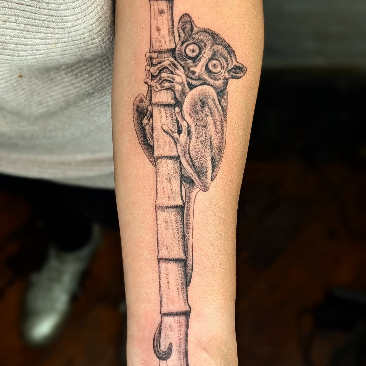 Tarsier climbing bamboo dotwork tattoo on the forearm by Eli Studer