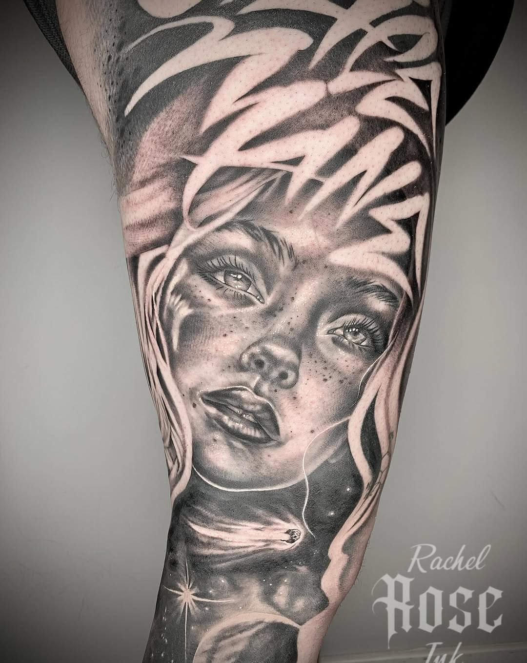 Portrait with cosmic elements realism tattoo on the forearm by 𝑅𝒶𝒸𝒽𝑒𝓁 𝑅𝑜𝓈𝑒 🌹