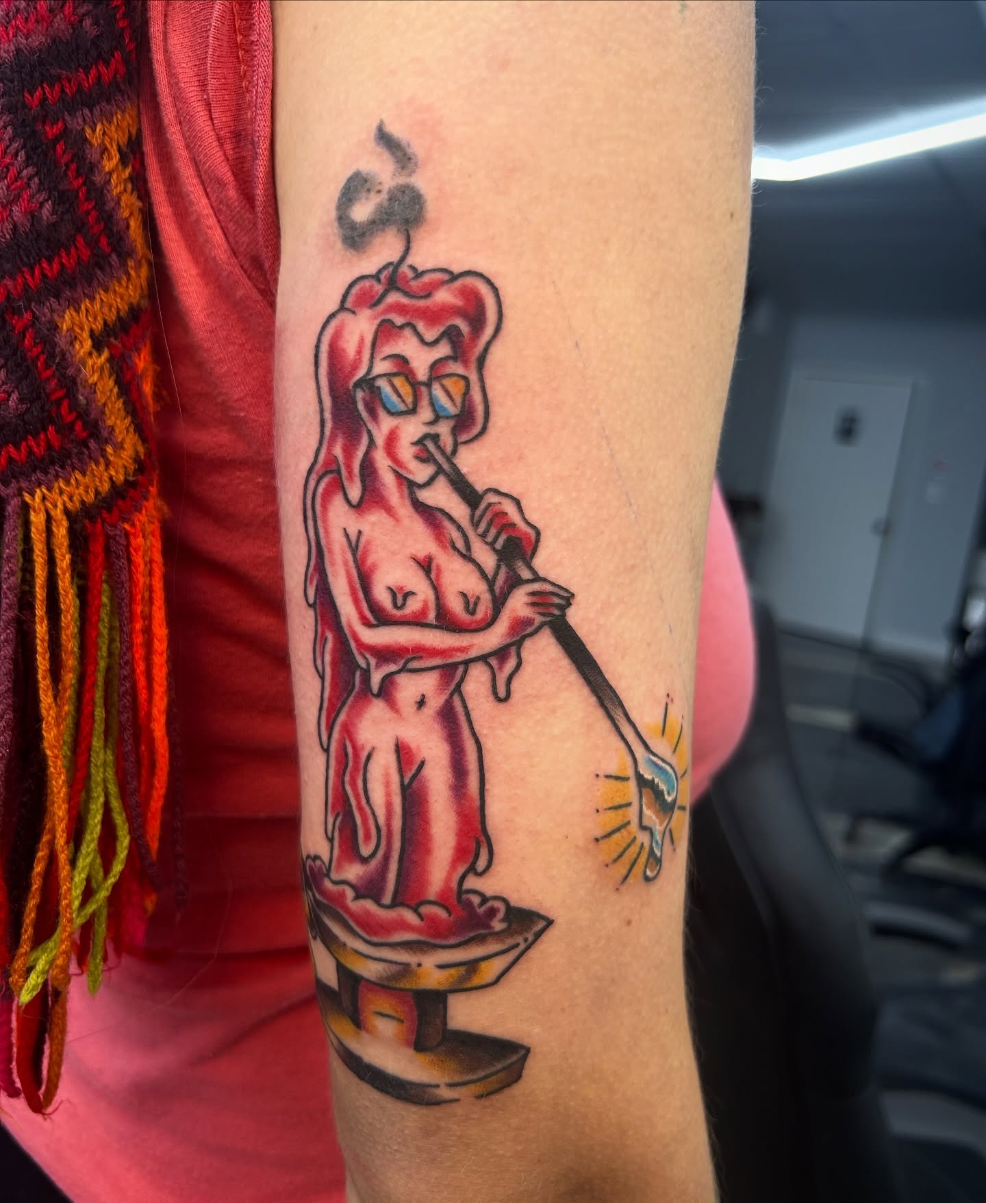 Candle woman American traditional tattoo on the forearm by キノ 🦊