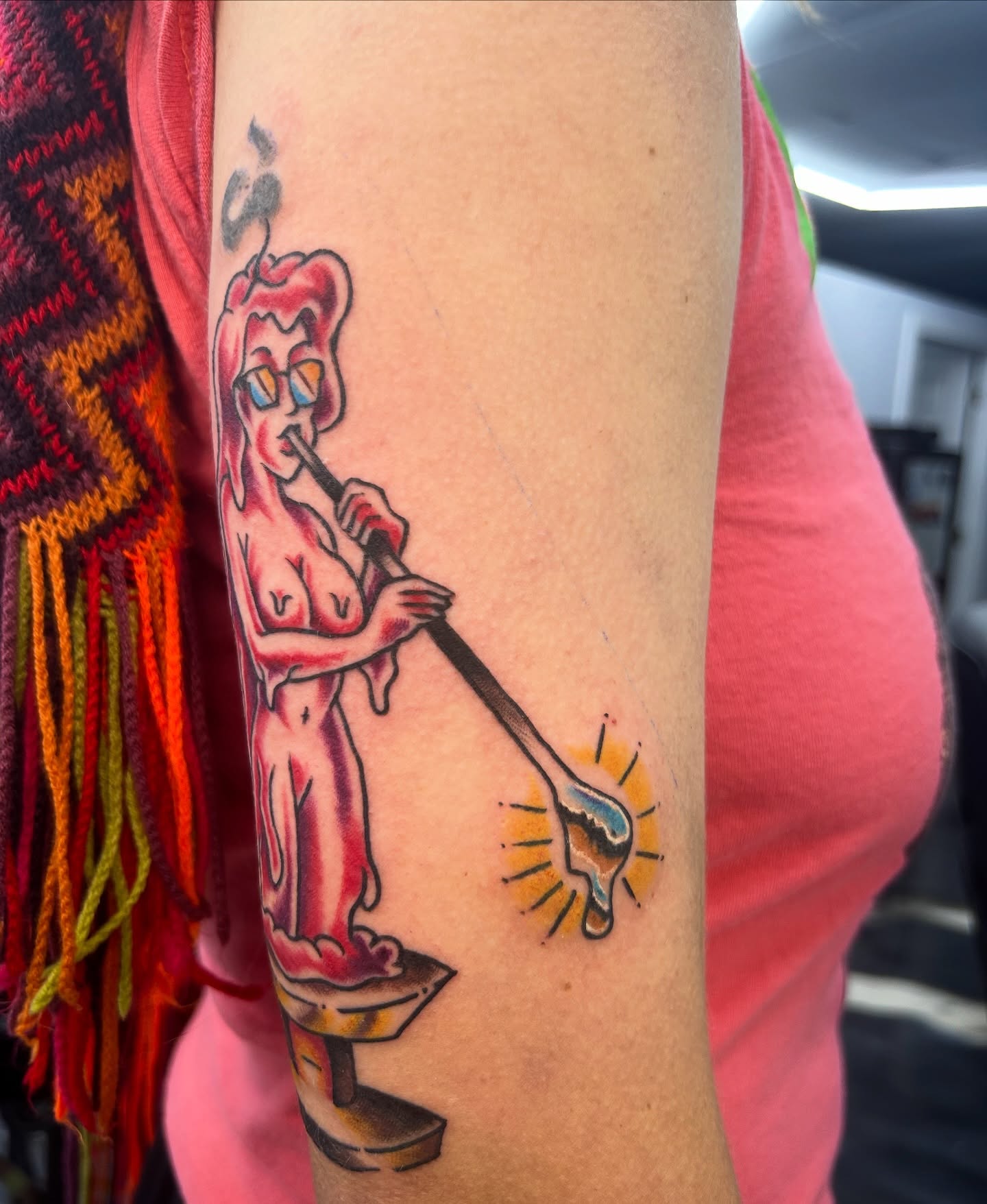 Candle woman American traditional tattoo on the forearm by キノ 🦊