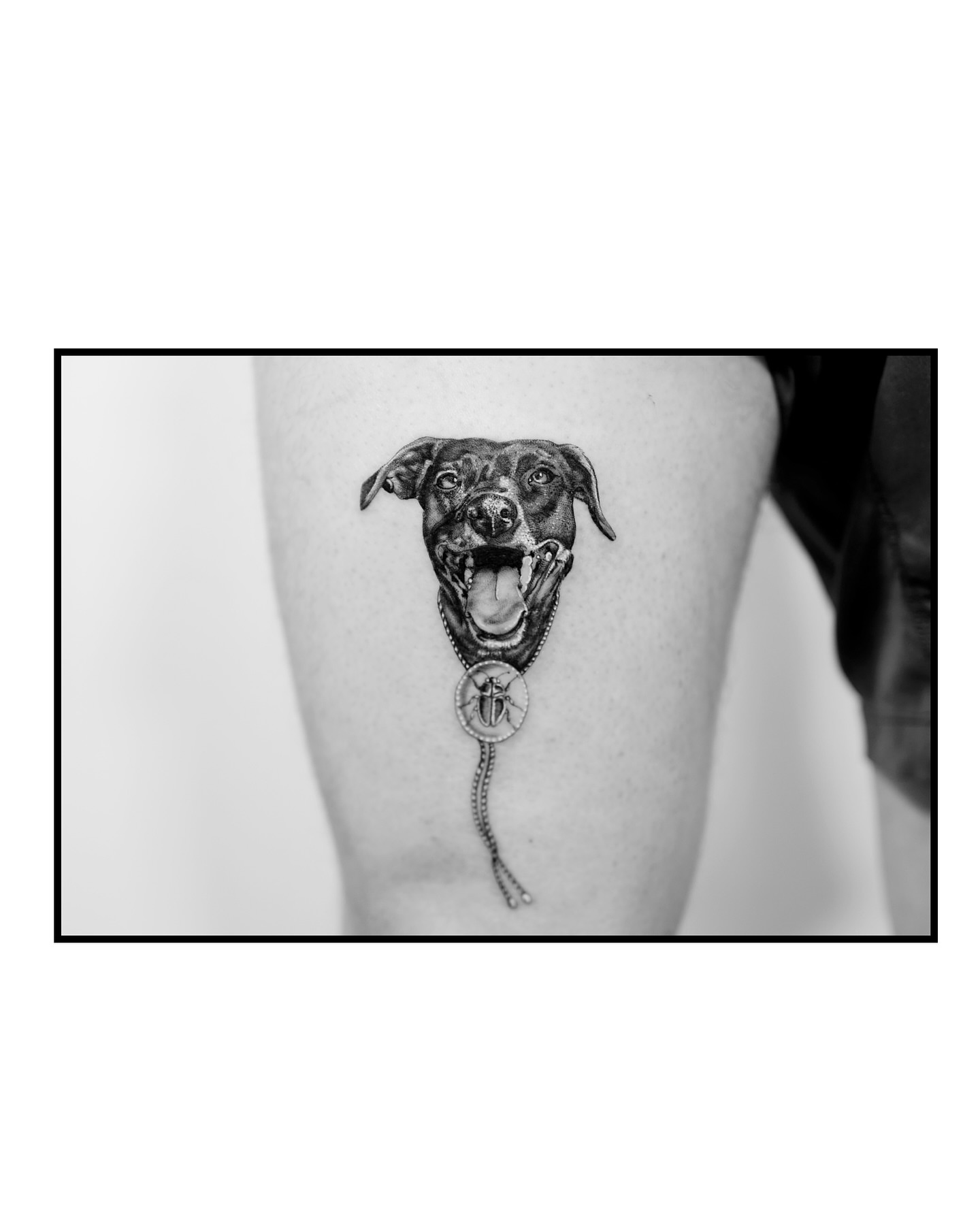 Dog realism tattoo on the thigh by Ross Clark Tattoos