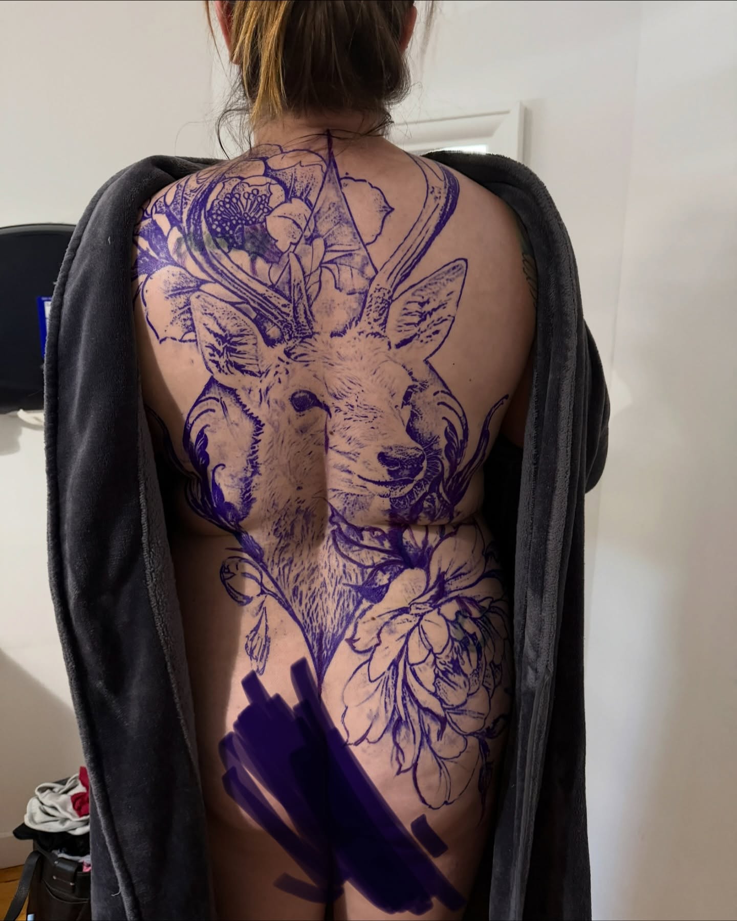 Deer and flowers black and grey tattoo on the back by Ohio Tattoo Artist - Tehya Maxwell, Springfield, Ohio
