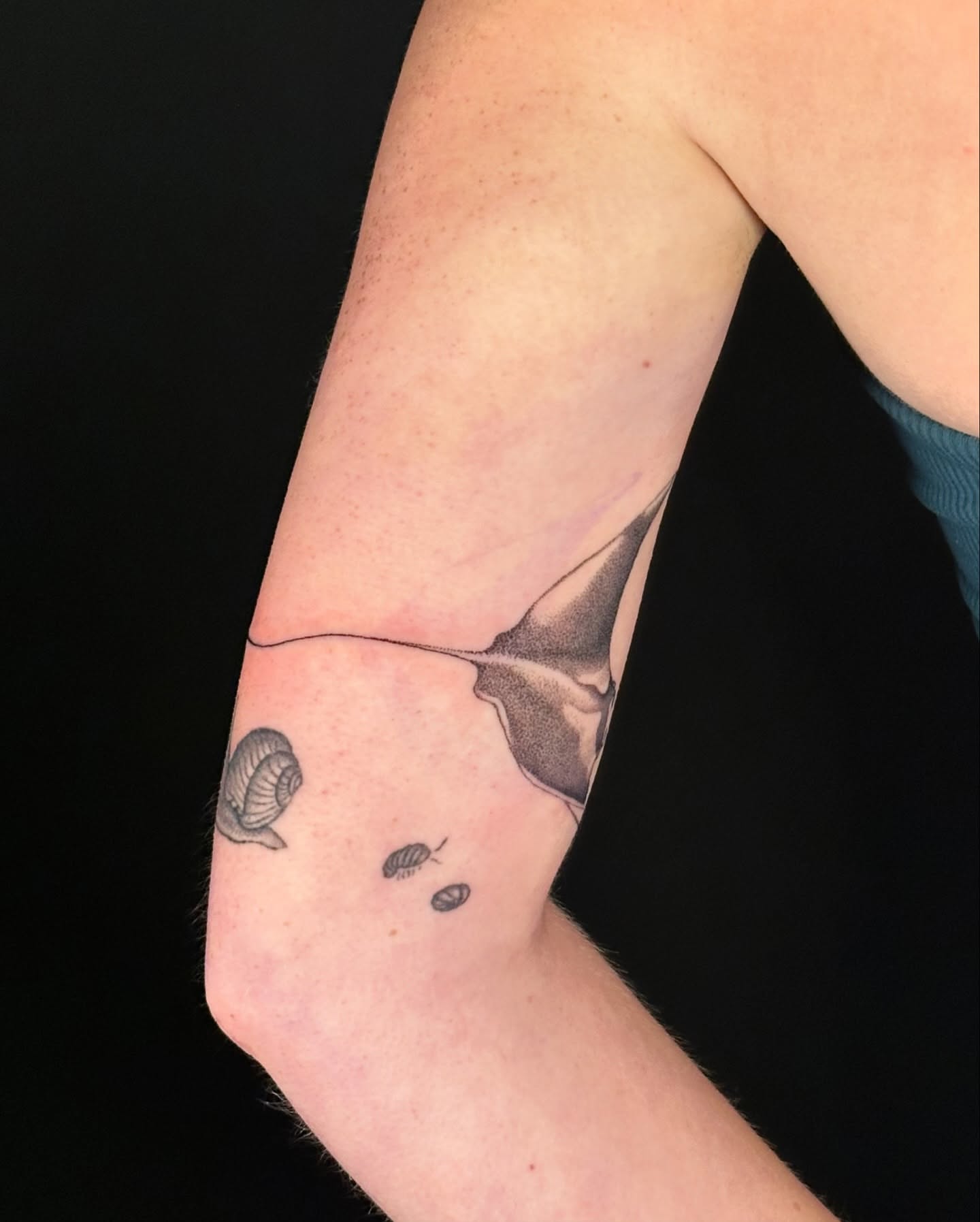 Ray and fish black and grey tattoo on the forearm by Chelsey