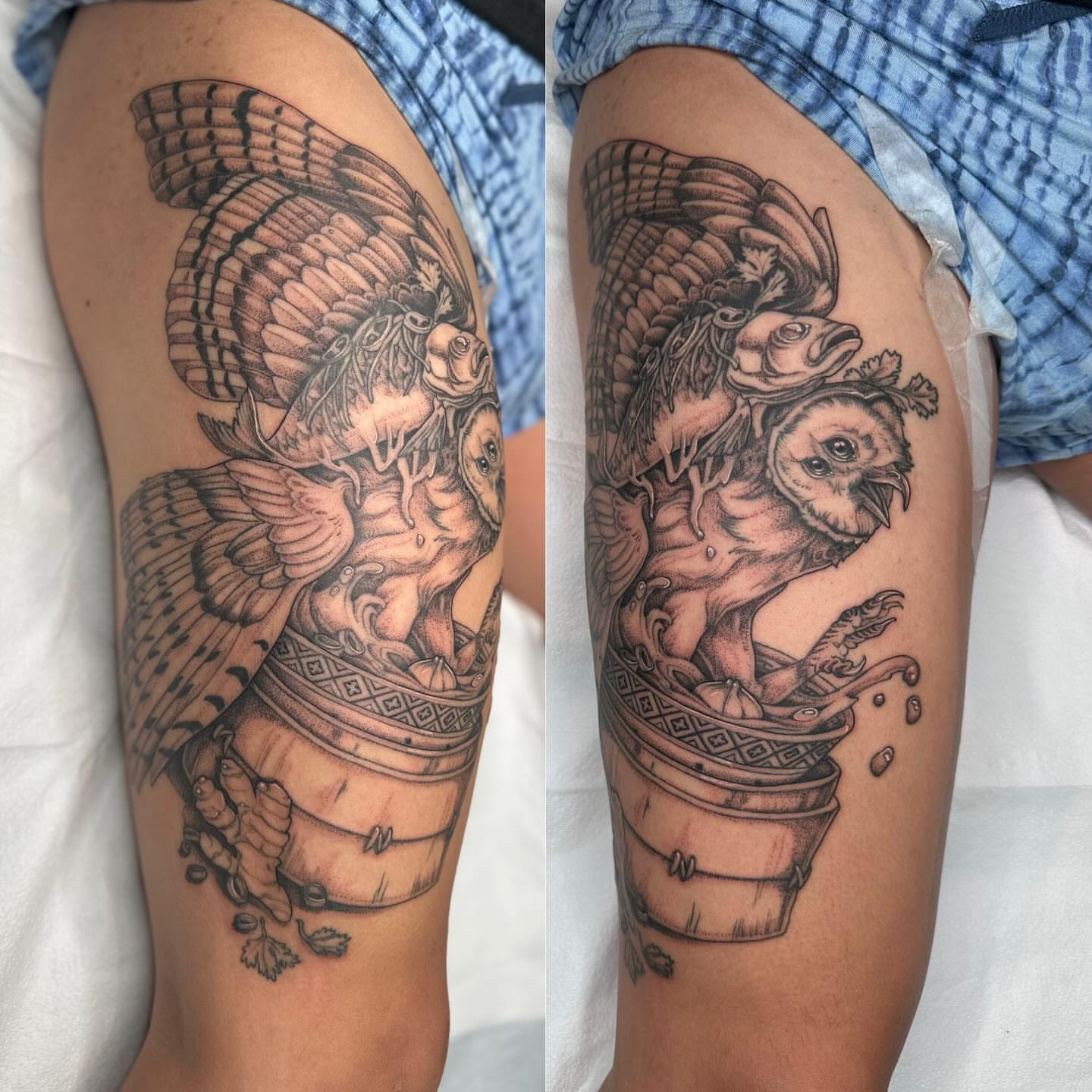 Owl and eagle realism tattoo on the thigh by Cassidy Depew, Seattle, Washington