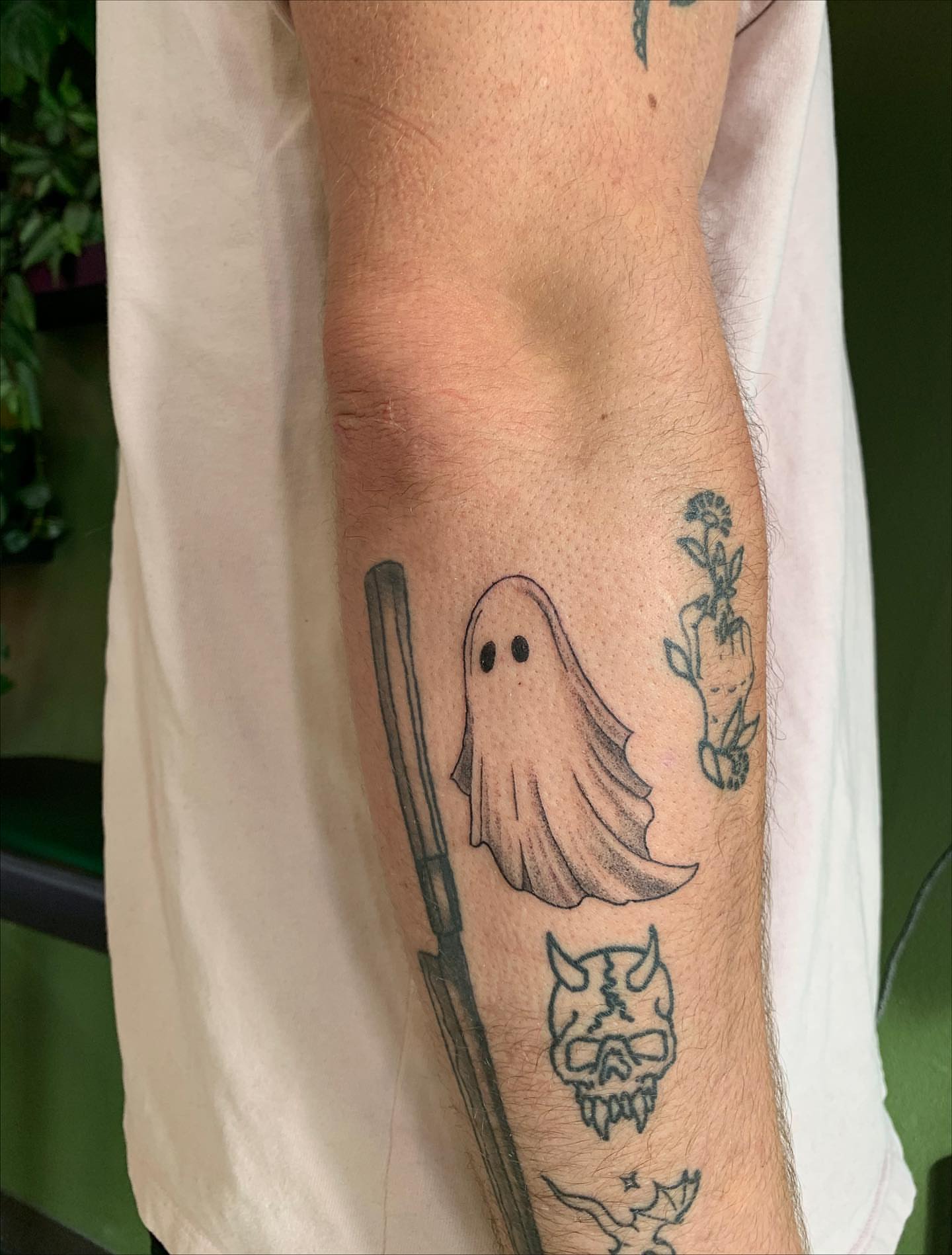 Ghost black and grey tattoo on the forearm by ⊹ Avery Peterson ⊹