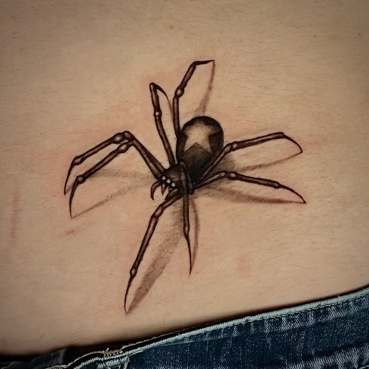 Spider black and grey tattoo on the thigh by ☆ Kelly ☆