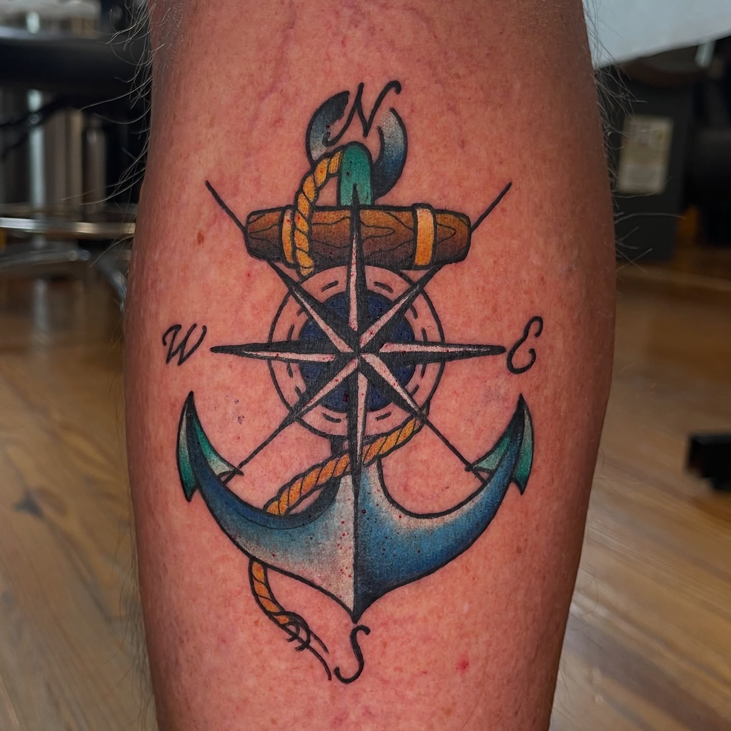 Anchor and compass American traditional tattoo on the leg by Kimberly Parton- Chapel Hill Tattooer, Chapel Hill, North Carolina