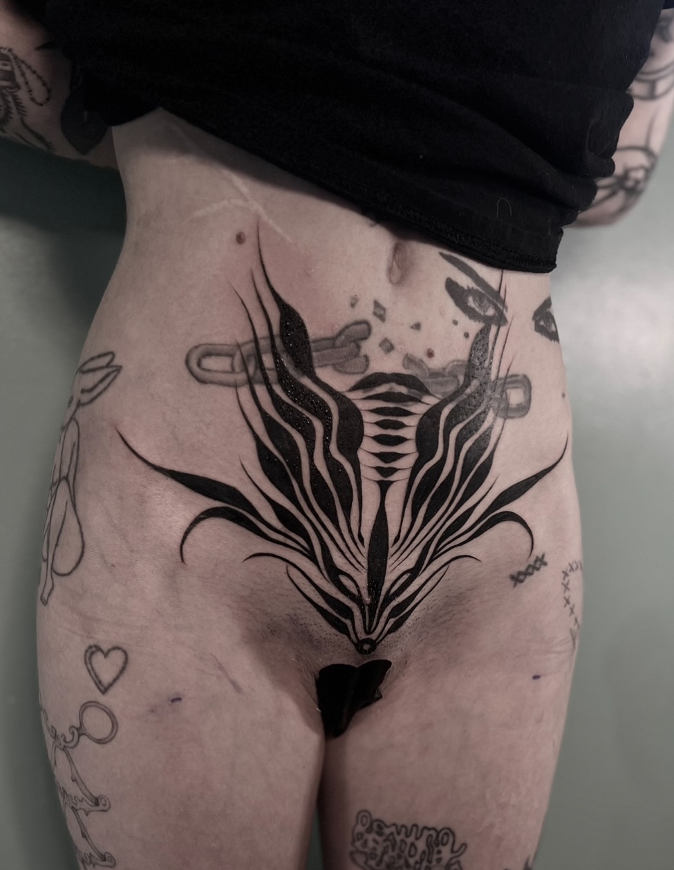 Flame black and grey tattoo on the thigh by ༒ boniandi༒