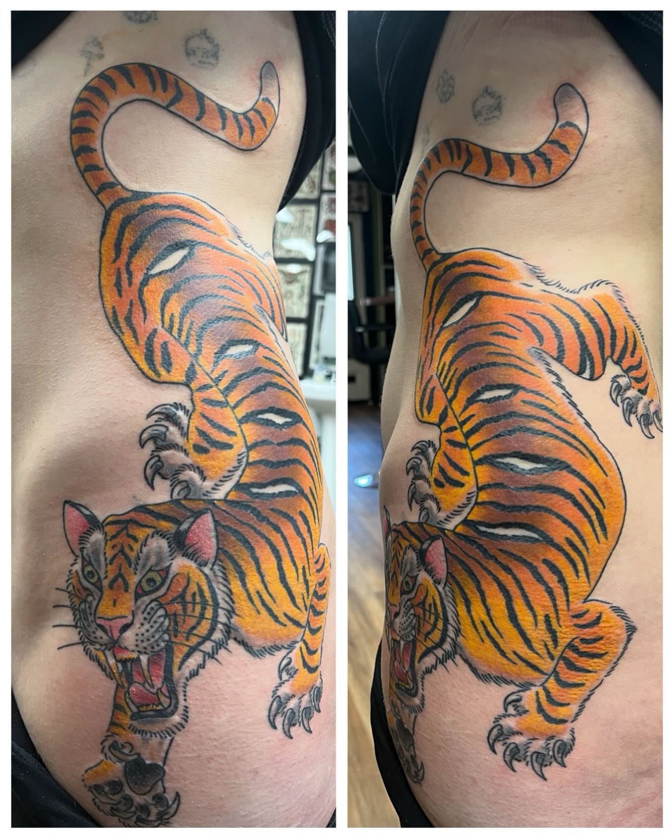 Tiger American traditional tattoo on the chest by Brian Mcfadden