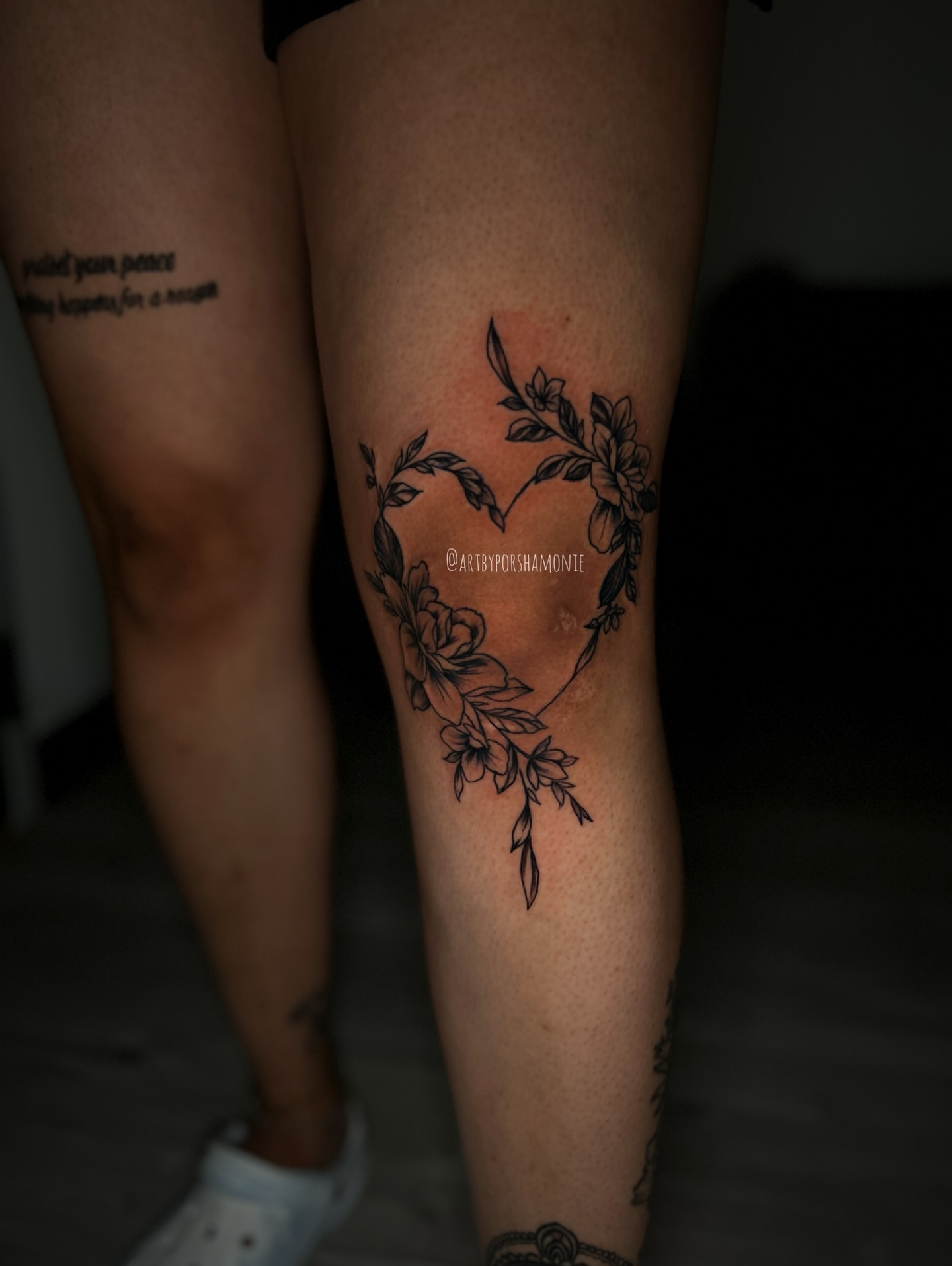 Floral heart black and grey tattoo on the leg by Porshamonie' THE Tattoo ARTIST