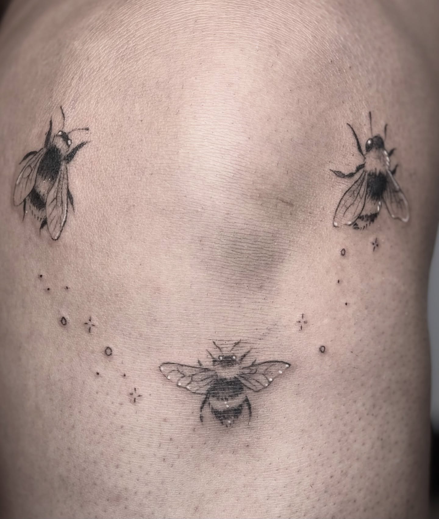 Bees dotwork tattoo on the shoulder by Abrianna