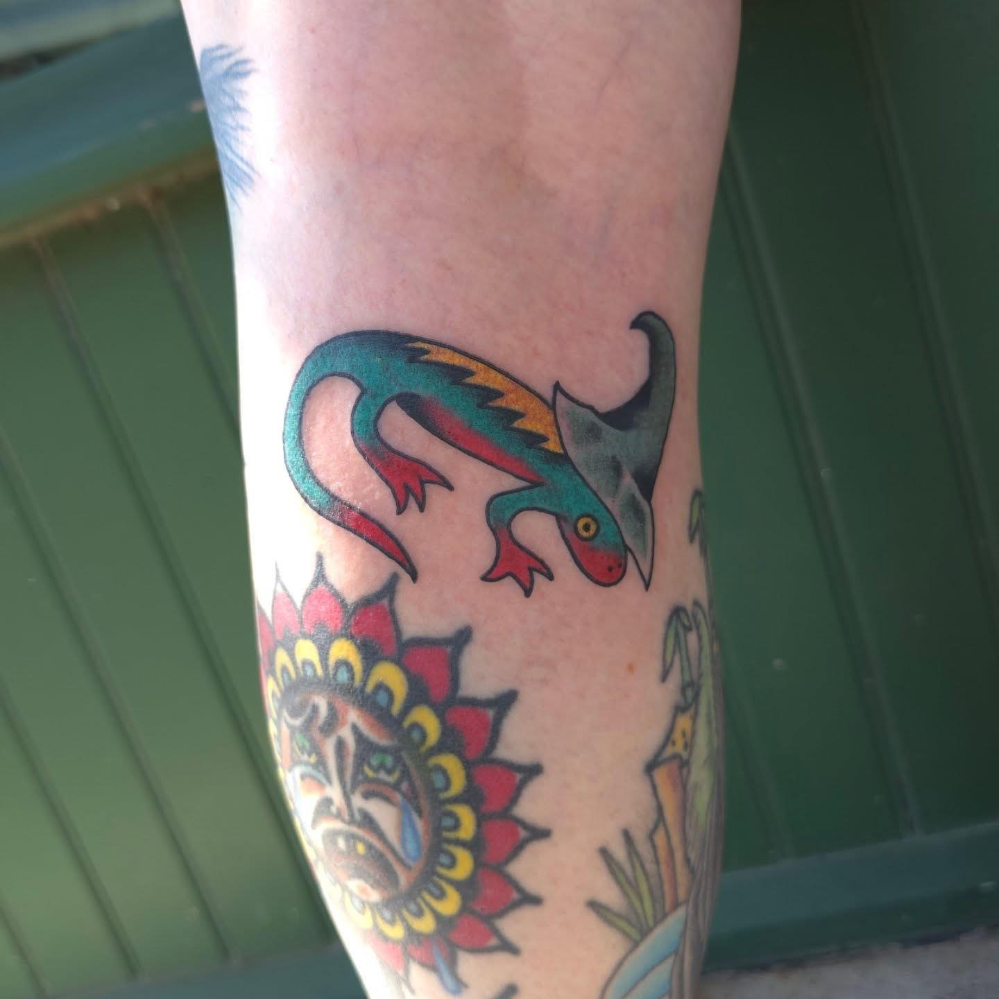 Lizard and sun American traditional tattoo on the forearm by Jared Green