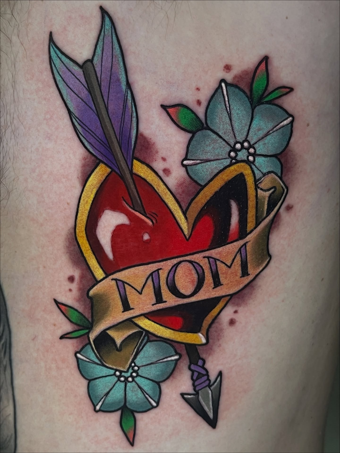 Heart with arrow American traditional tattoo on the thigh by Willy Cutlip