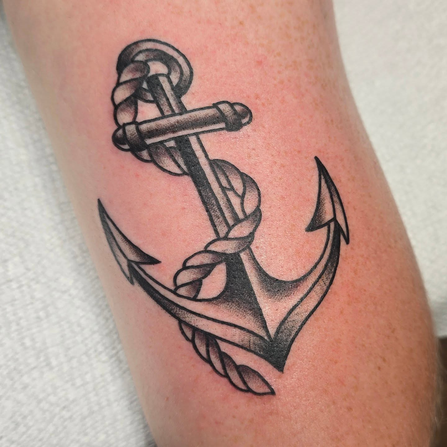 Anchor black and grey tattoo on the forearm by A. Teixeira, Los Angeles, California