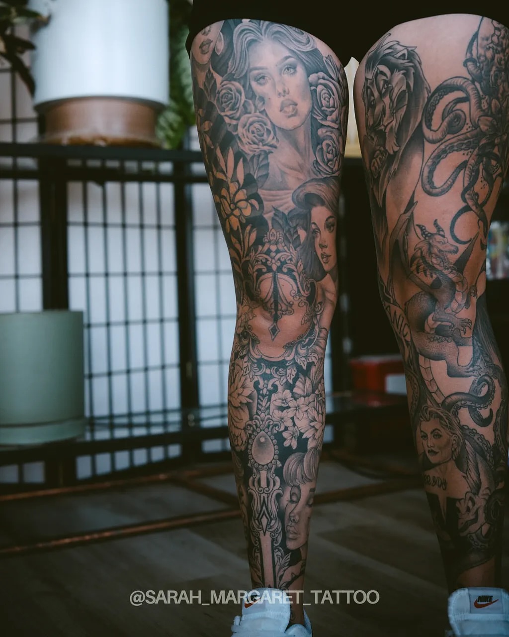 Female portraits and floral realism tattoo on the leg by Sarah Margaret