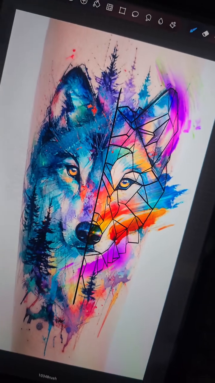 Wolf head with forest watercolor tattoo by Xavier NYC TATTOO ARTIST