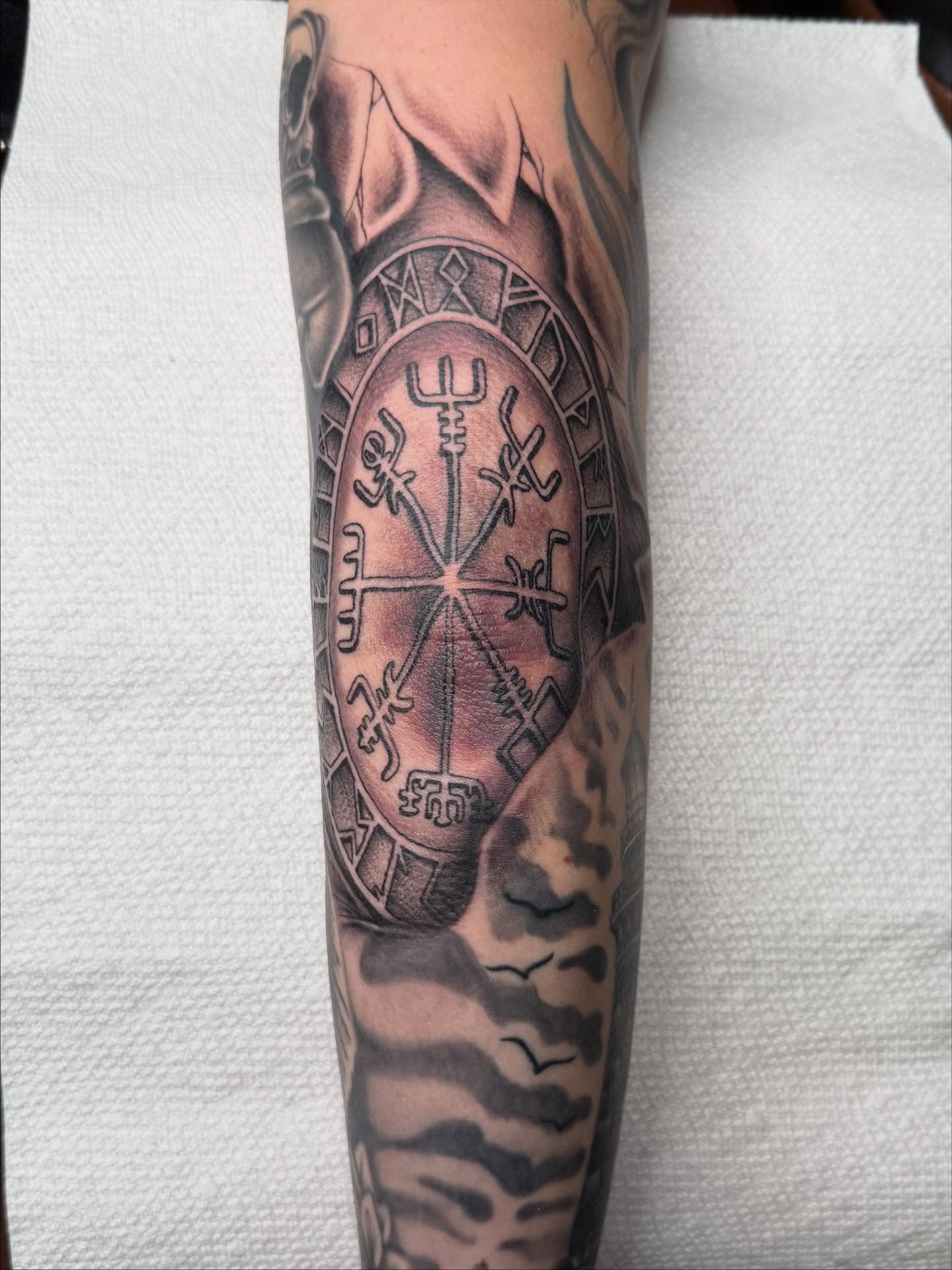 Vegvisir black and grey tattoo on the forearm by Las Vegas Tattoo Artist